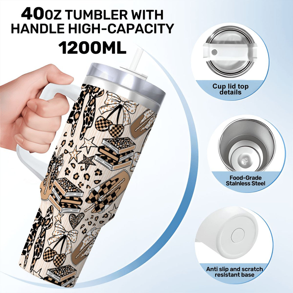 Travel Coffee Mug with Handle and Straw (40oz) BowsBooksCoffeeCheetah