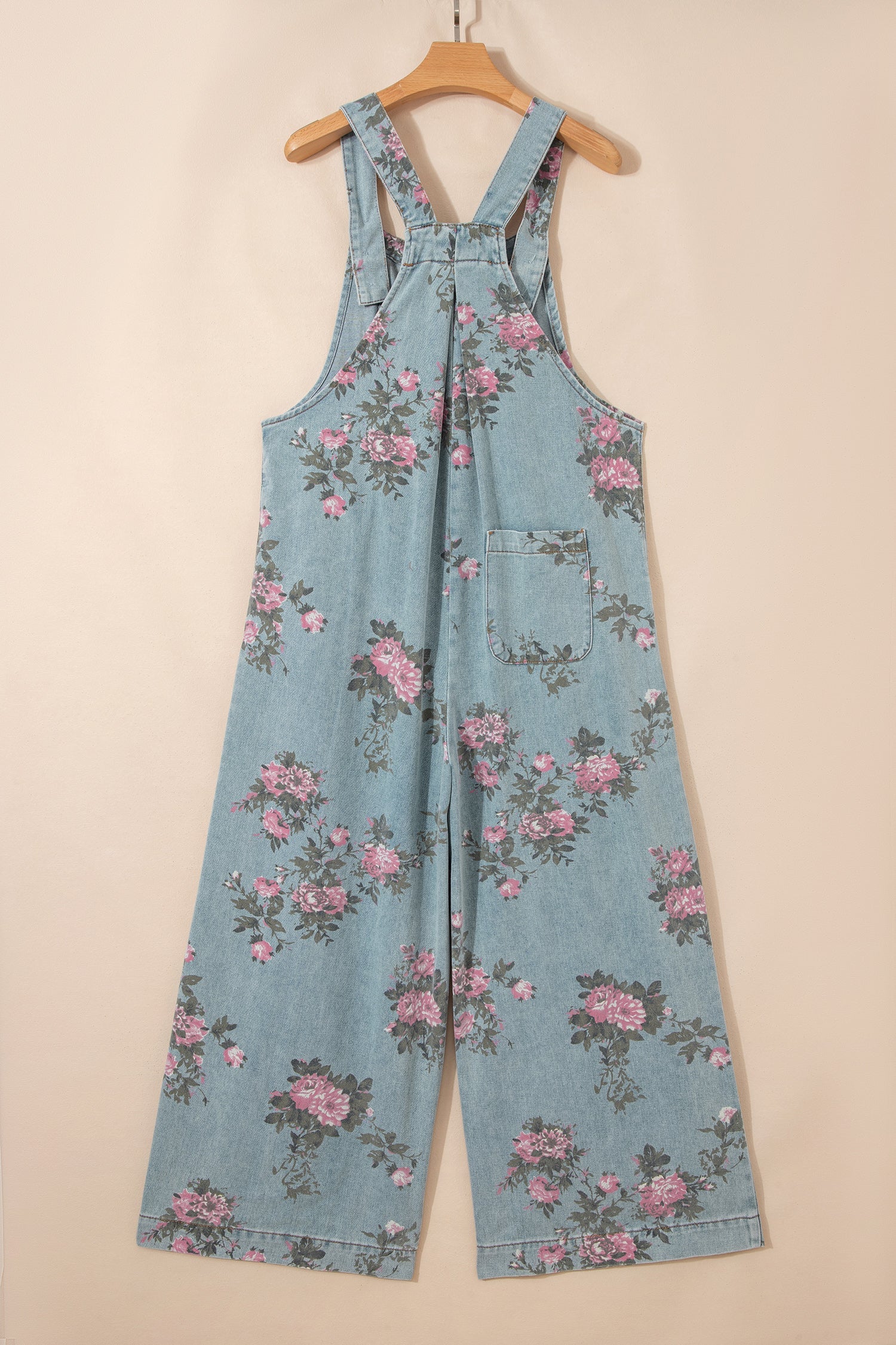 Beau Blue Floral Print Pleated High Waist Wide Leg Denim Jumpsuit