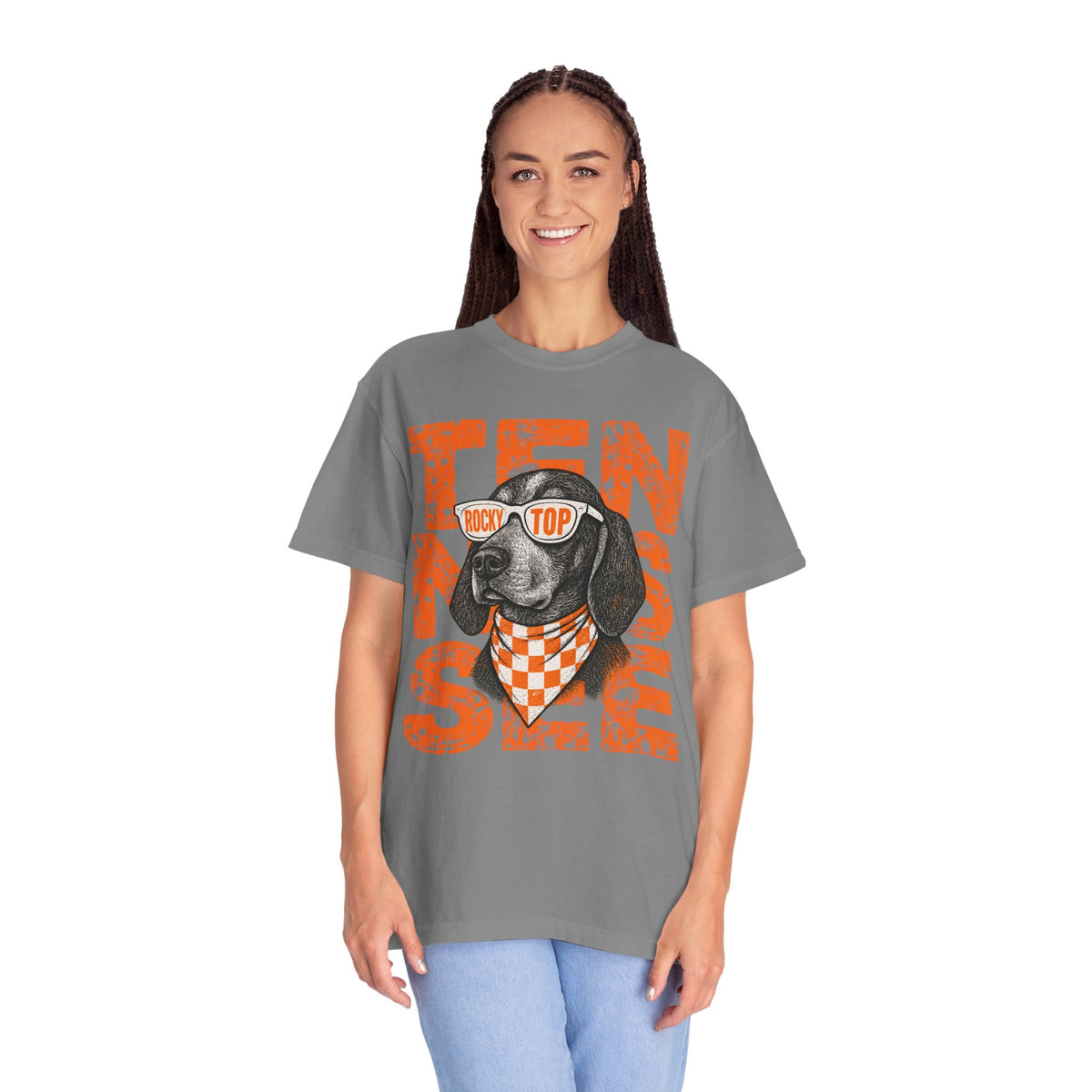 Smokey football dog with Sunglasses and Bandana T-Shirt | Tennessee Vintage Text