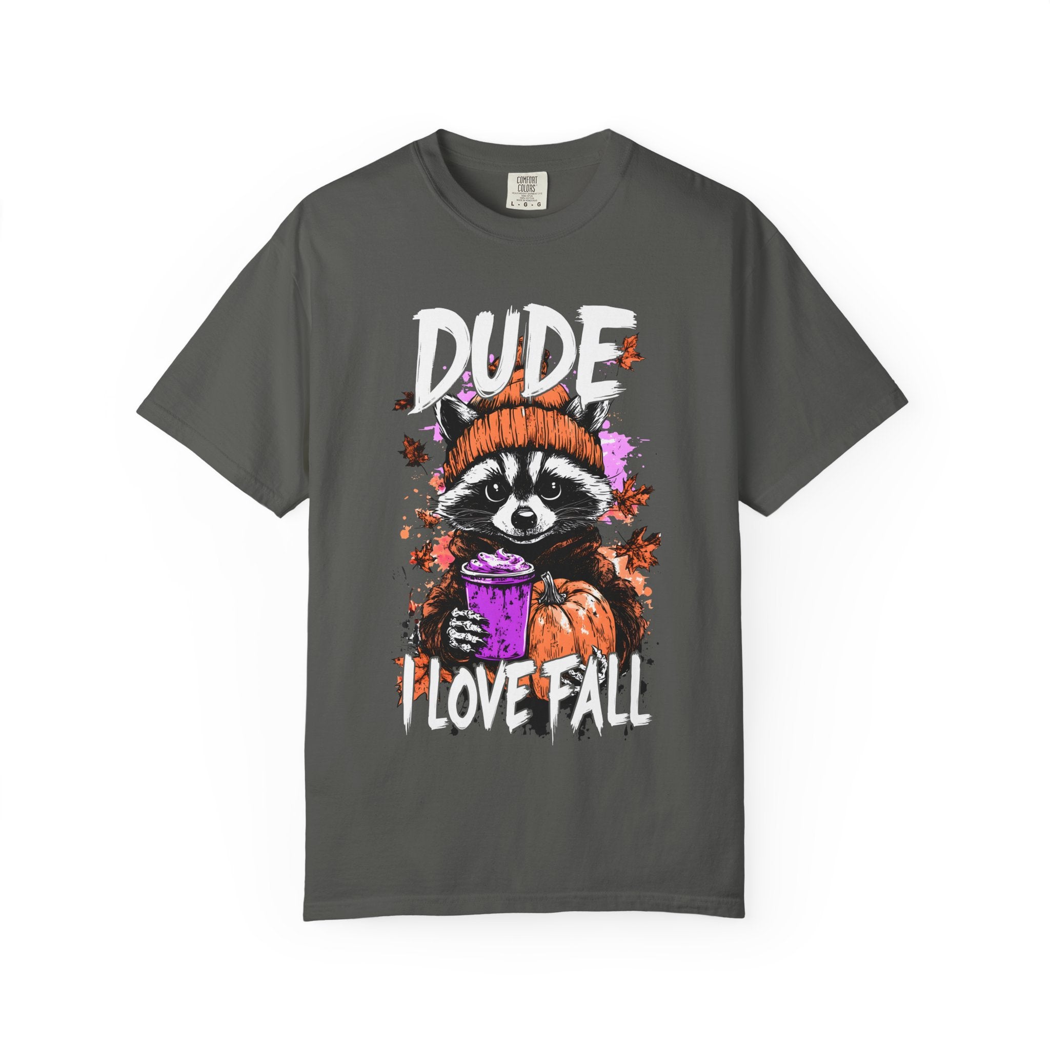 Raccoon with Pumpkin and Coffee Dude I Love Fall T-shirt | Autumn Graphic Tee