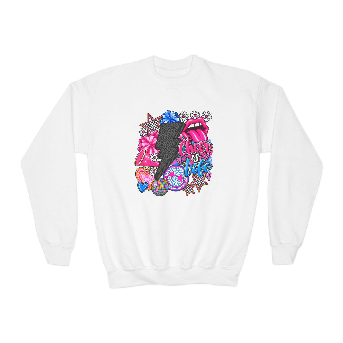 Youth Crewneck Sweatshirt — Sparkly Lip & Emoji cheer is life Graphic Pullover