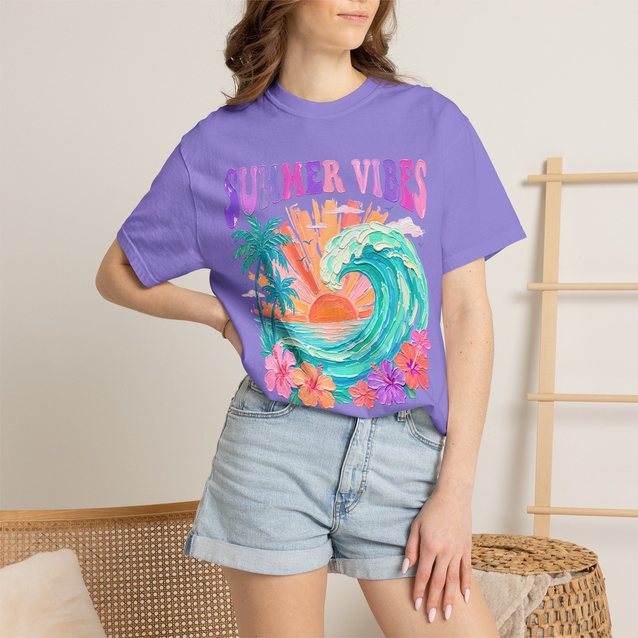 Summer Vibes Wave T-Shirt | Tropical Palm Sunset Hibiscus Beach lover tee