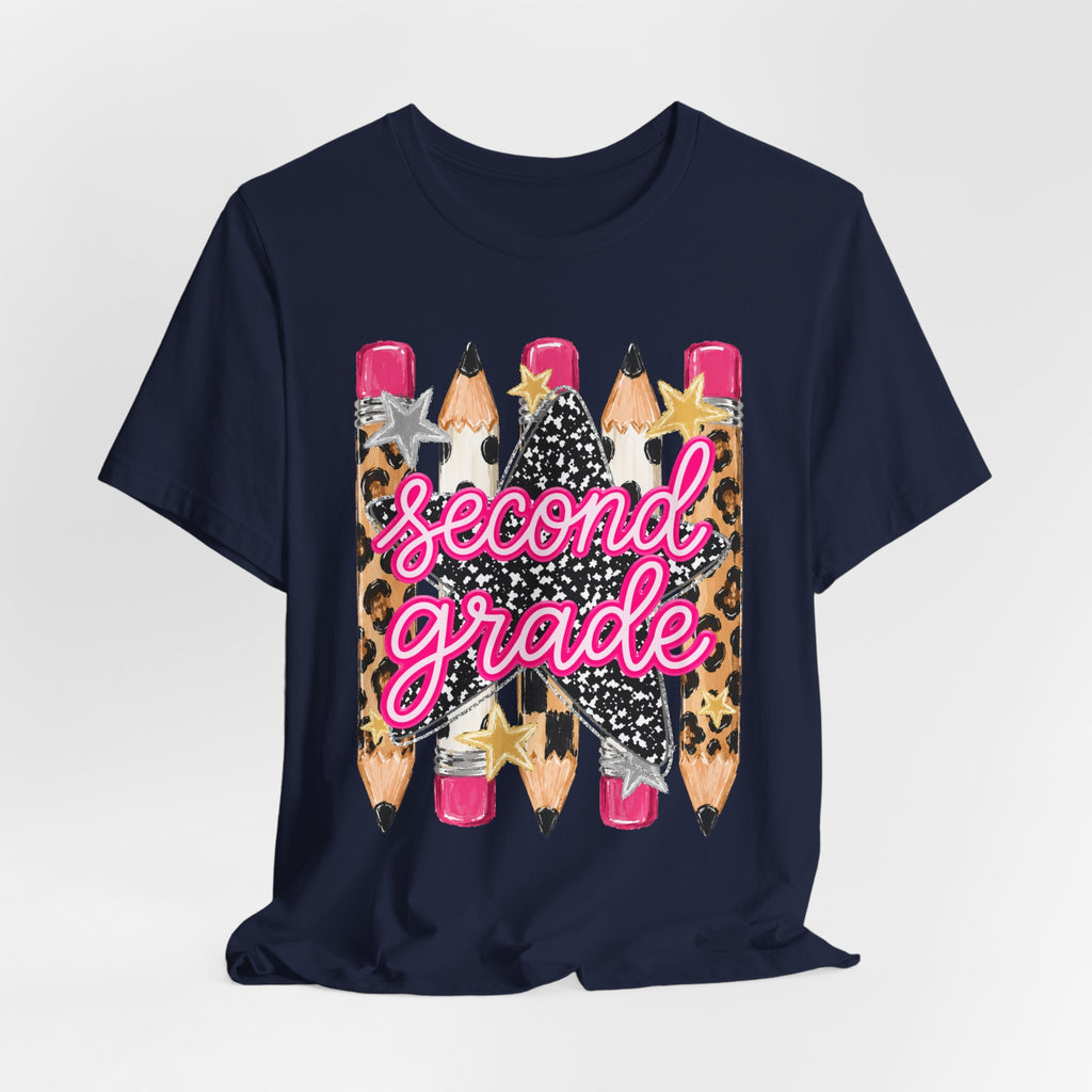 Second Grade Pencil Leopard Print T-Shirt — Back to School Teacher & Student Tee