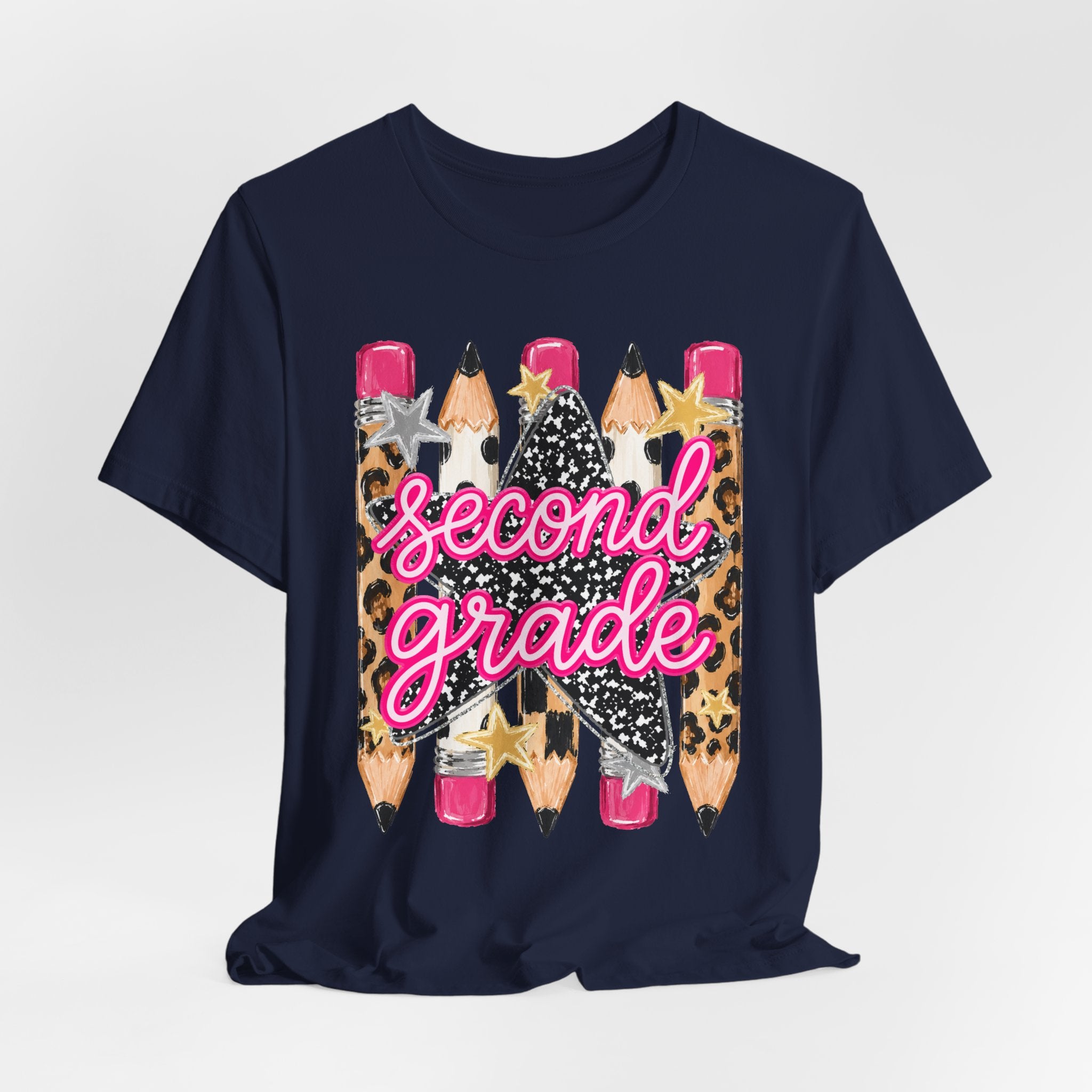 Second Grade Pencil Leopard Print T-Shirt — Back to School Teacher & Student Tee