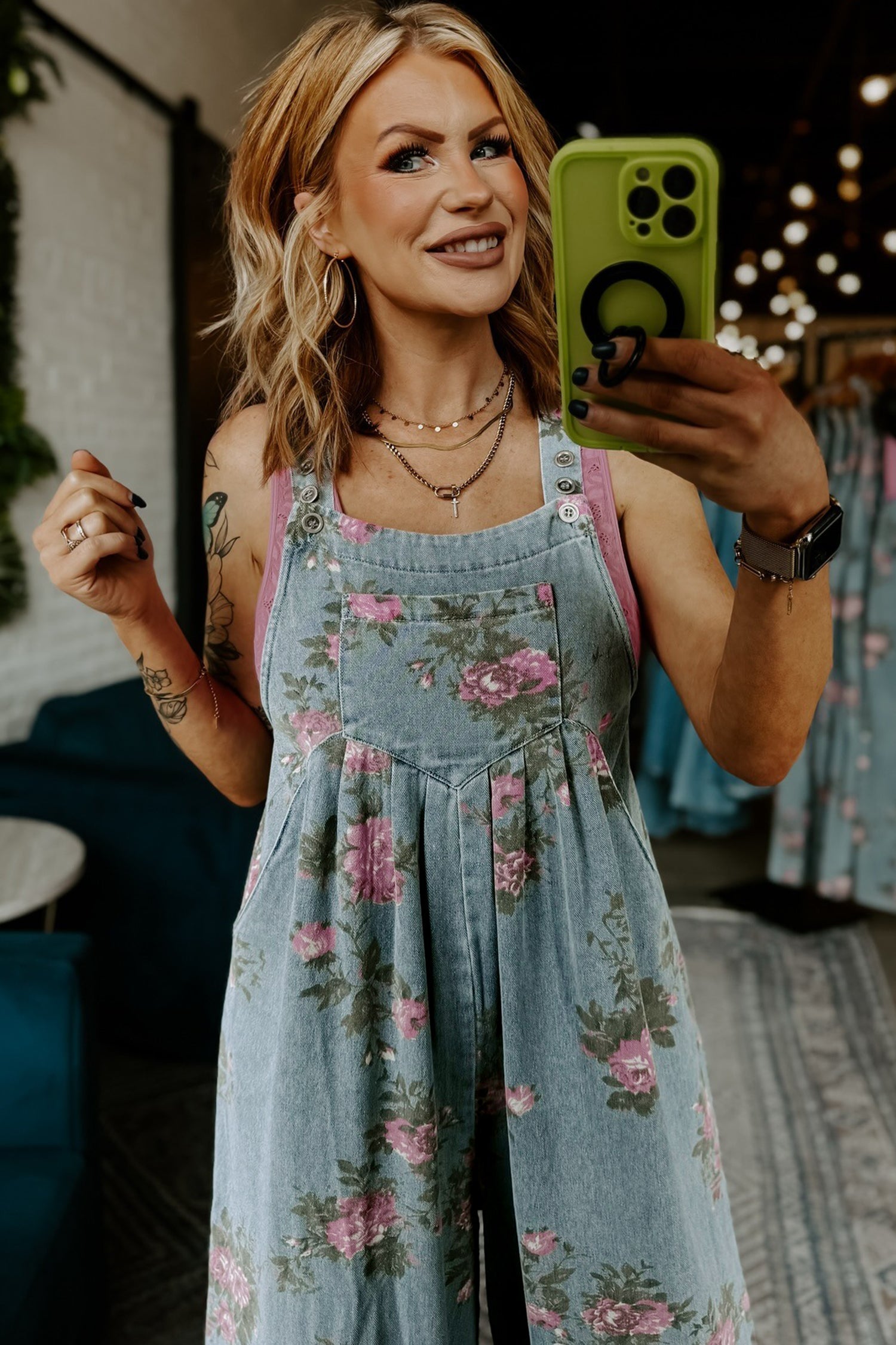 Beau Blue Floral Print Pleated High Waist Wide Leg Denim Jumpsuit