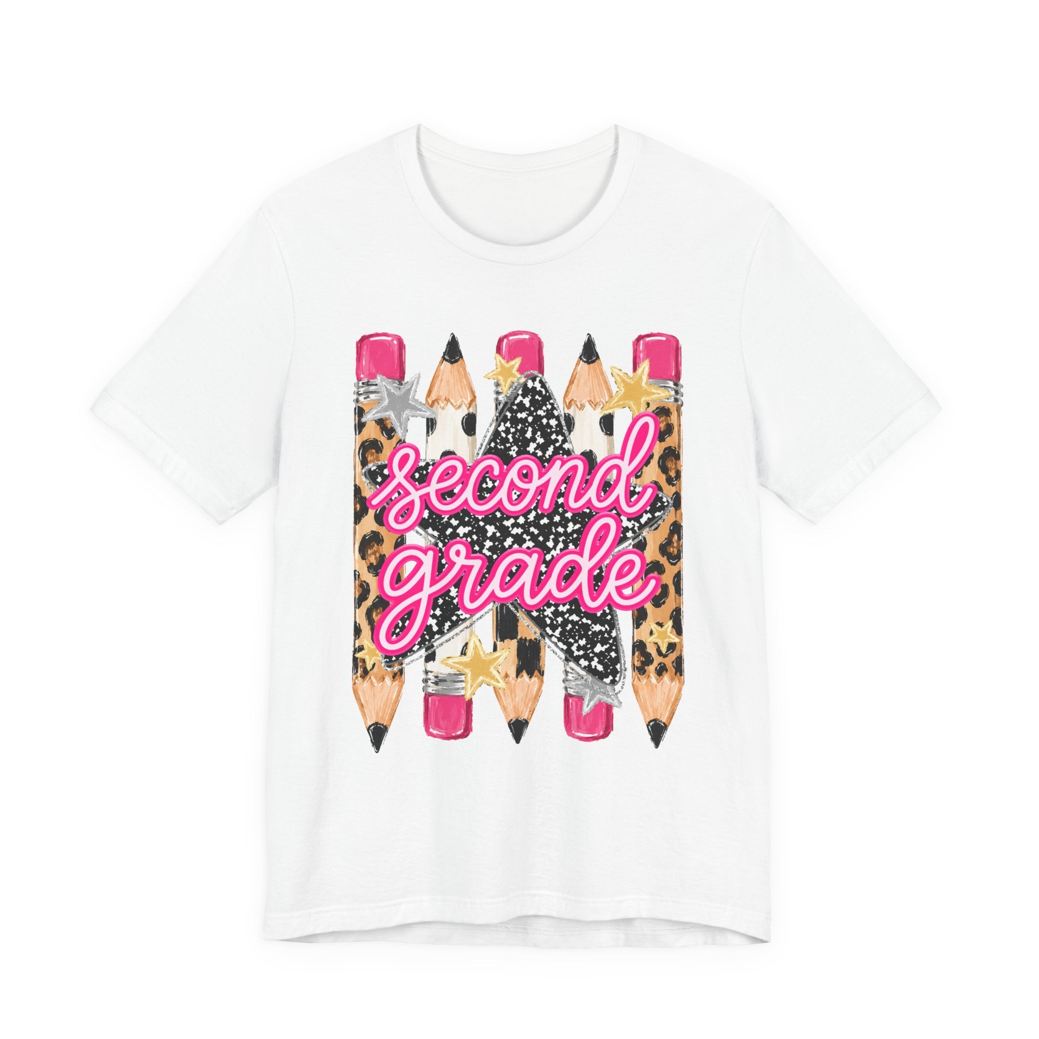 Second Grade Pencil Leopard Print T-Shirt — Back to School Teacher & Student Tee