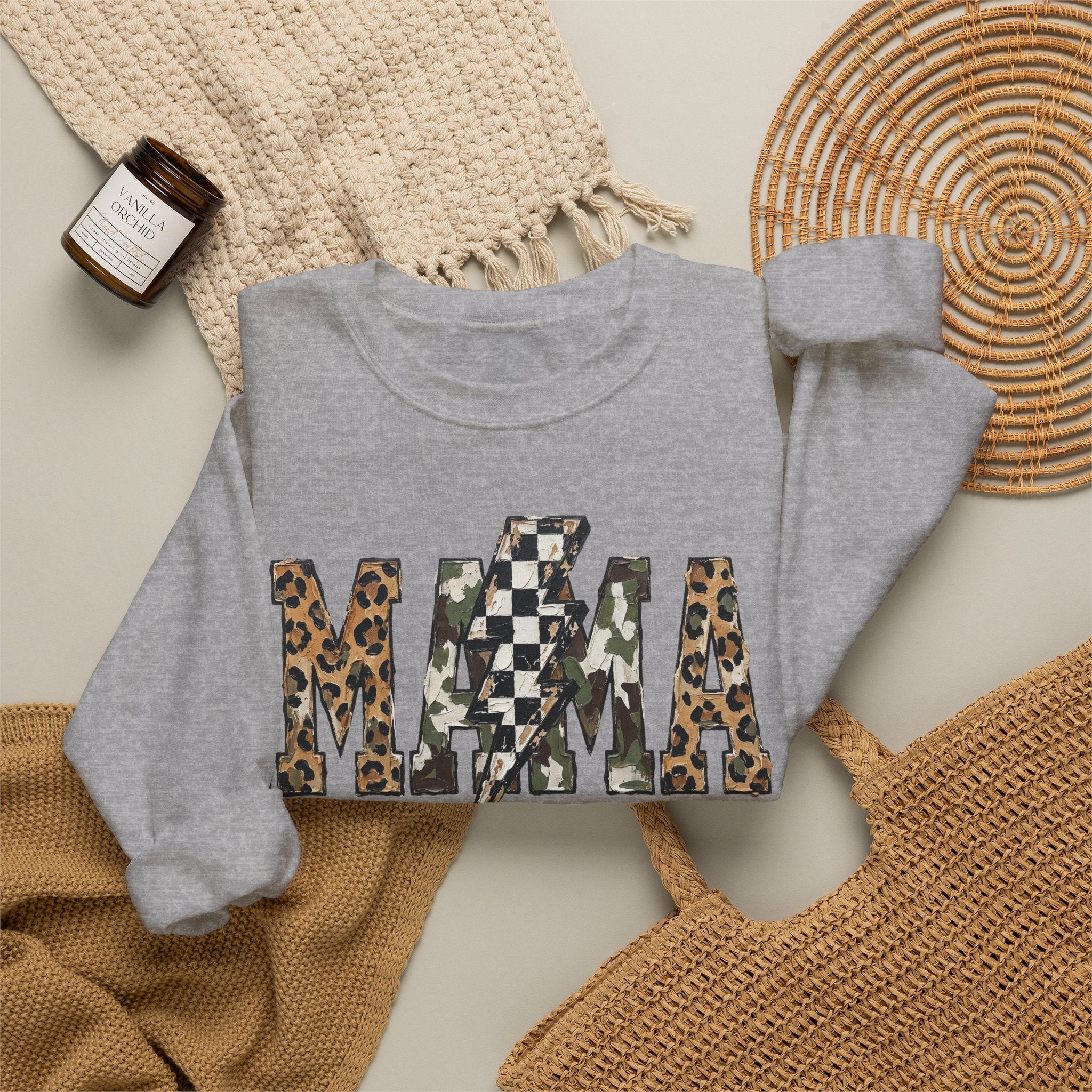 Neutral Street Style MAMA Sweatshirt | Leopard & Camouflage Lightning Bolt Graphic | Cozy Mom Crewneck