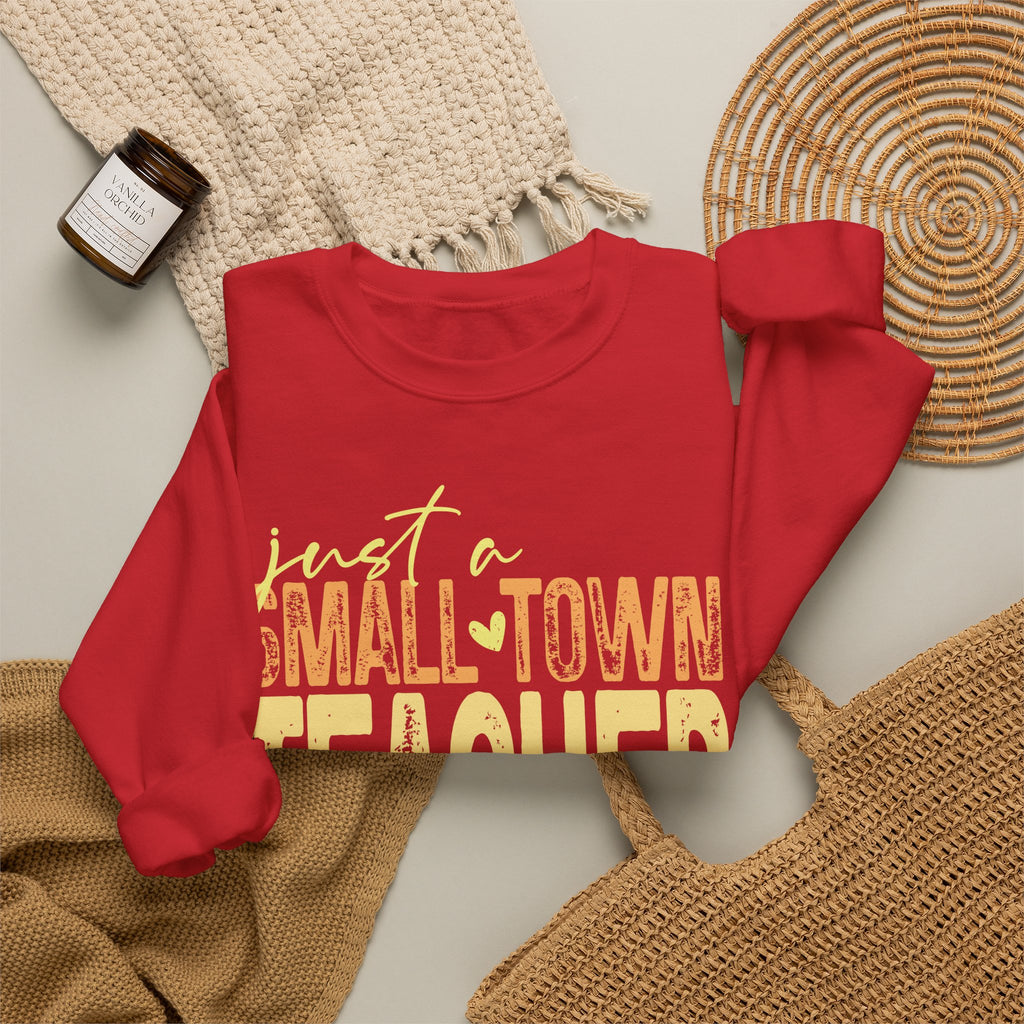 Small‑Town Teacher Sweatshirt | Cozy Crewneck for Educators | Distressed Yellow & Orange Lettering