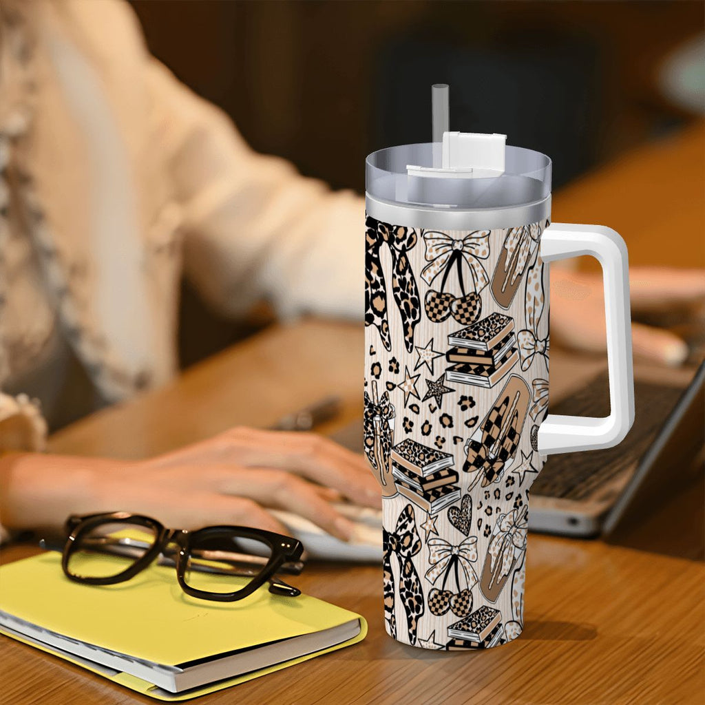 Travel Coffee Mug with Handle and Straw (40oz) BowsBooksCoffeeCheetah