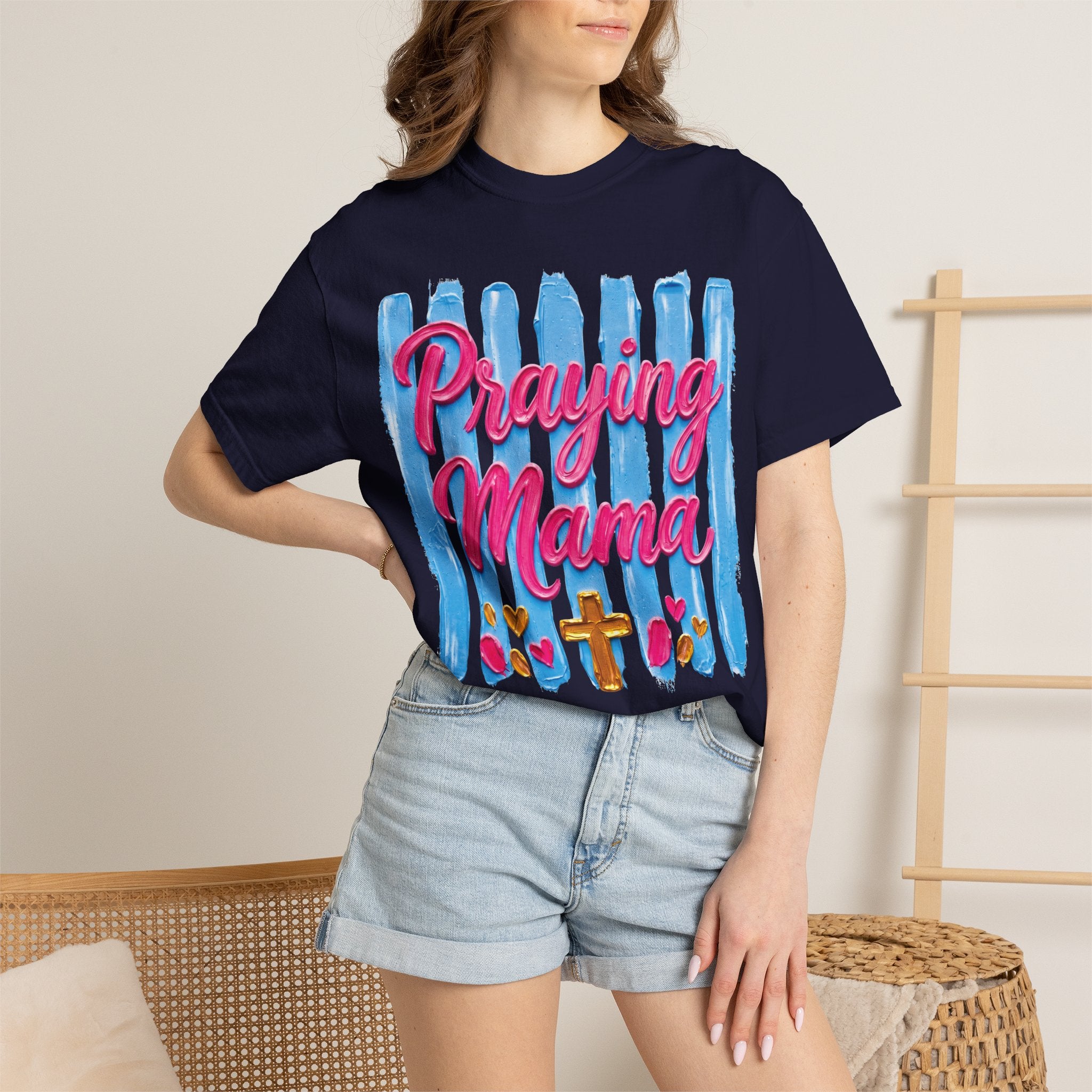 Praying Mama T-shirt | Christian Cross, Hearts, Blue Brushstroke
