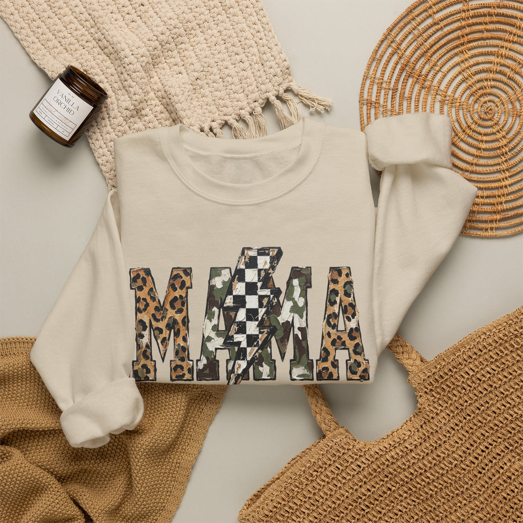 Neutral Street Style MAMA Sweatshirt | Leopard & Camouflage Lightning Bolt Graphic | Cozy Mom Crewneck