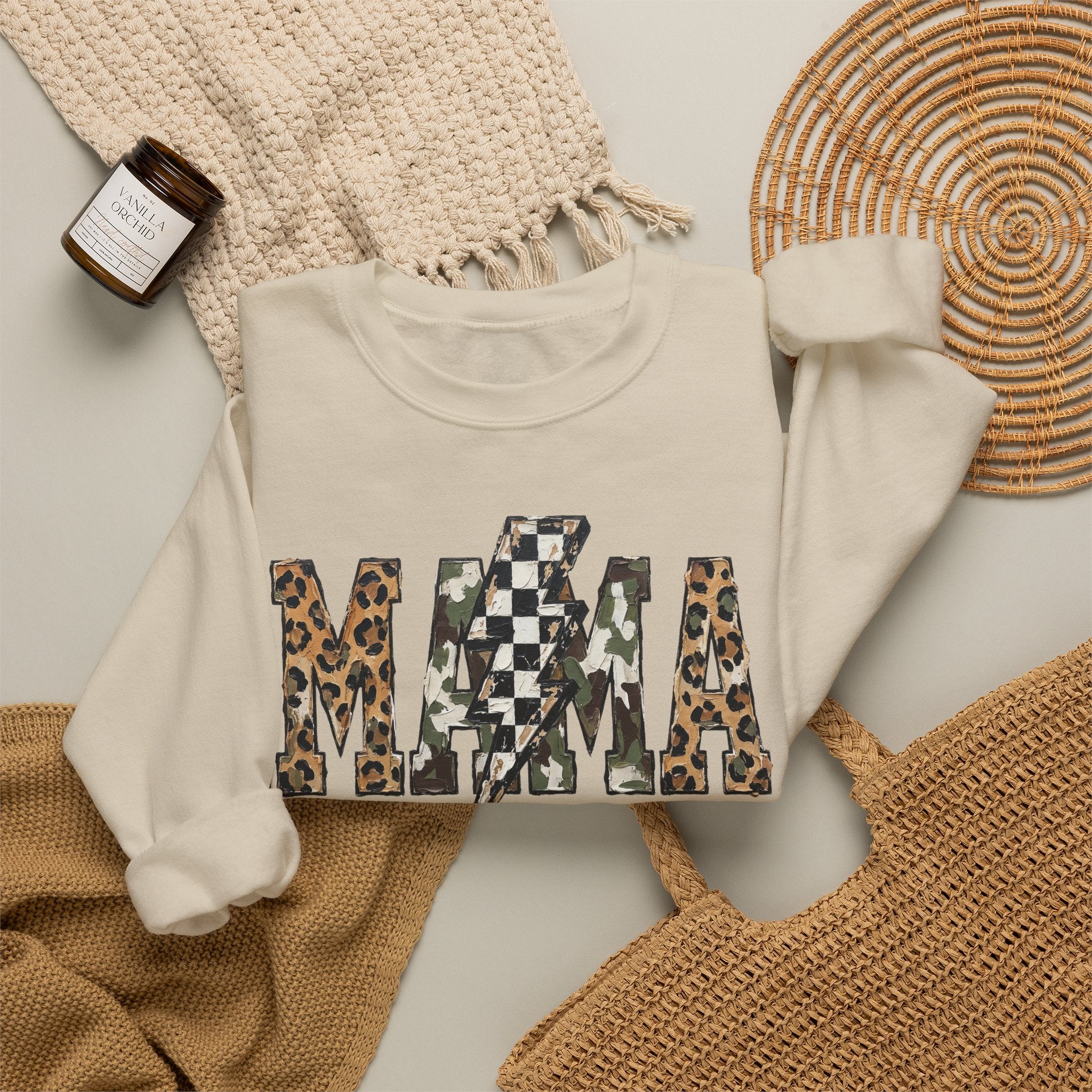 Neutral Street Style MAMA Sweatshirt | Leopard & Camouflage Lightning Bolt Graphic | Cozy Mom Crewneck
