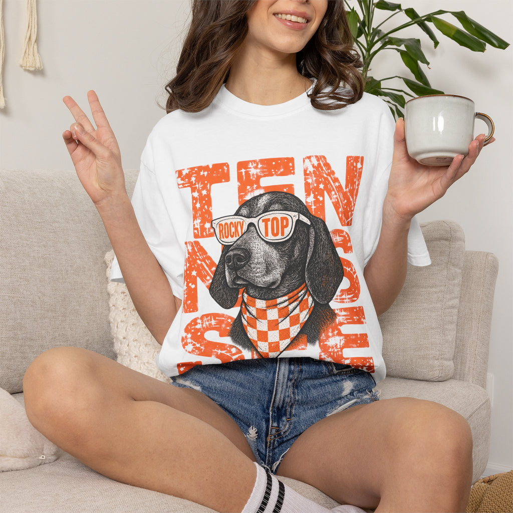 Smokey football dog with Sunglasses and Bandana T-Shirt | Tennessee Vintage Text