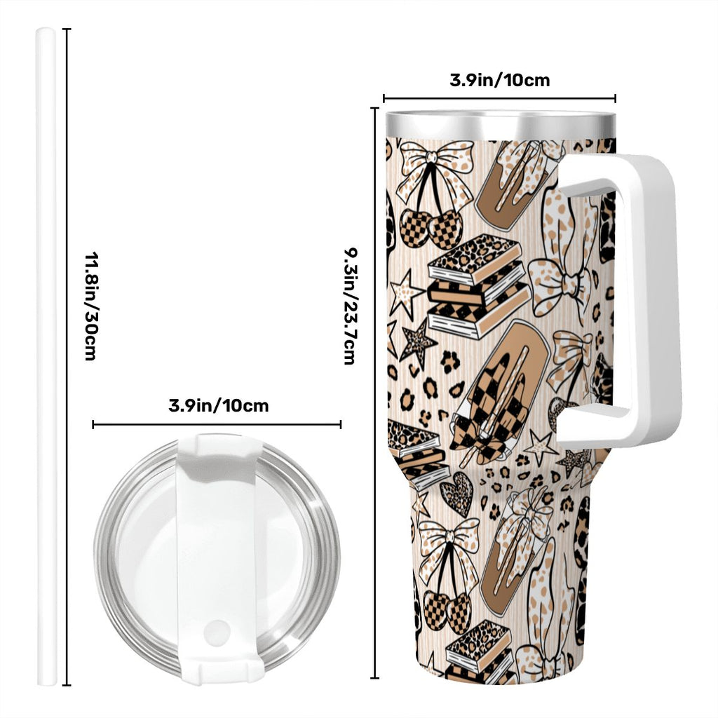 Travel Coffee Mug with Handle and Straw (40oz) BowsBooksCoffeeCheetah
