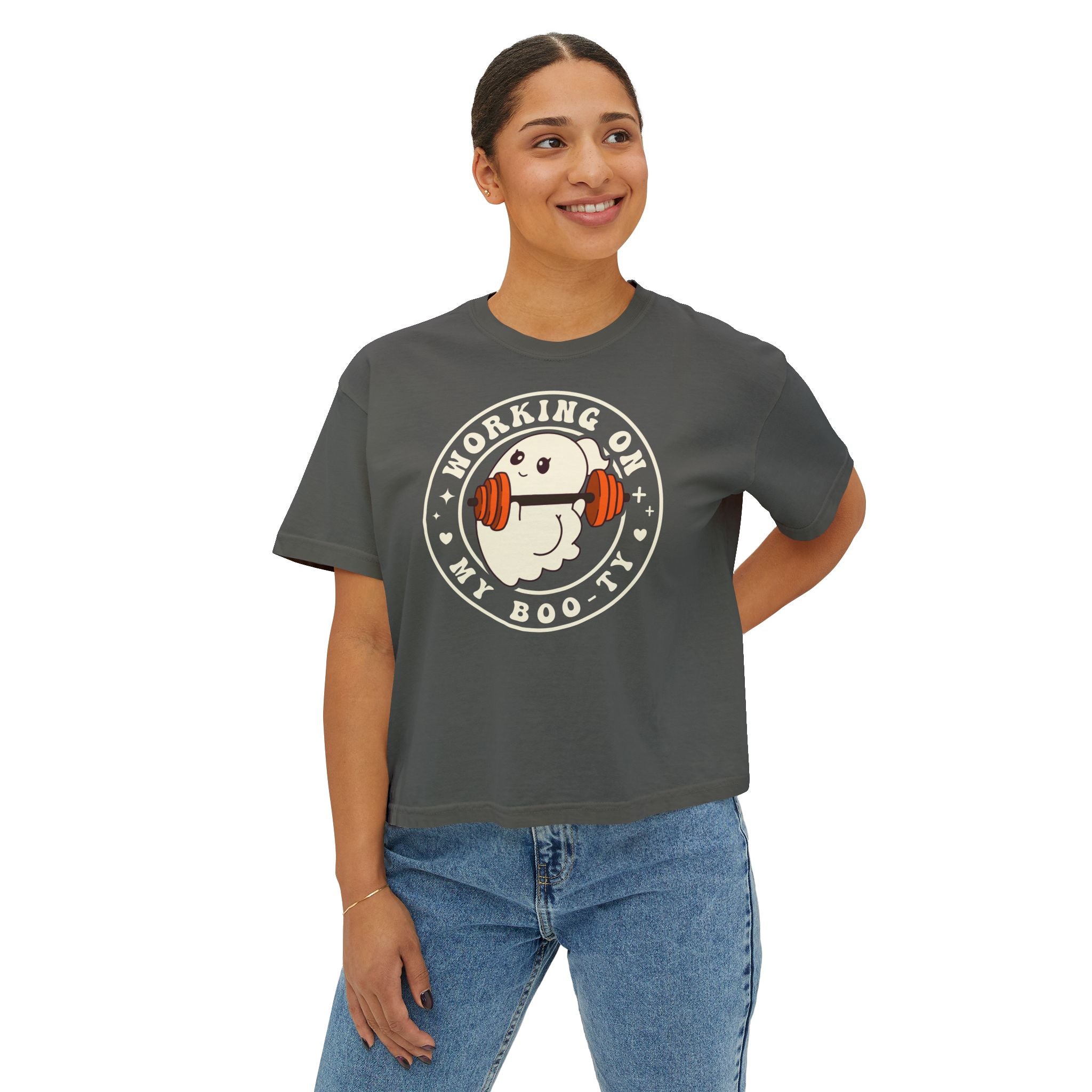 Women's Boxy Tee — Cute 'Working on My Boo-ty Ghost Weightlifting Fitness Shirt