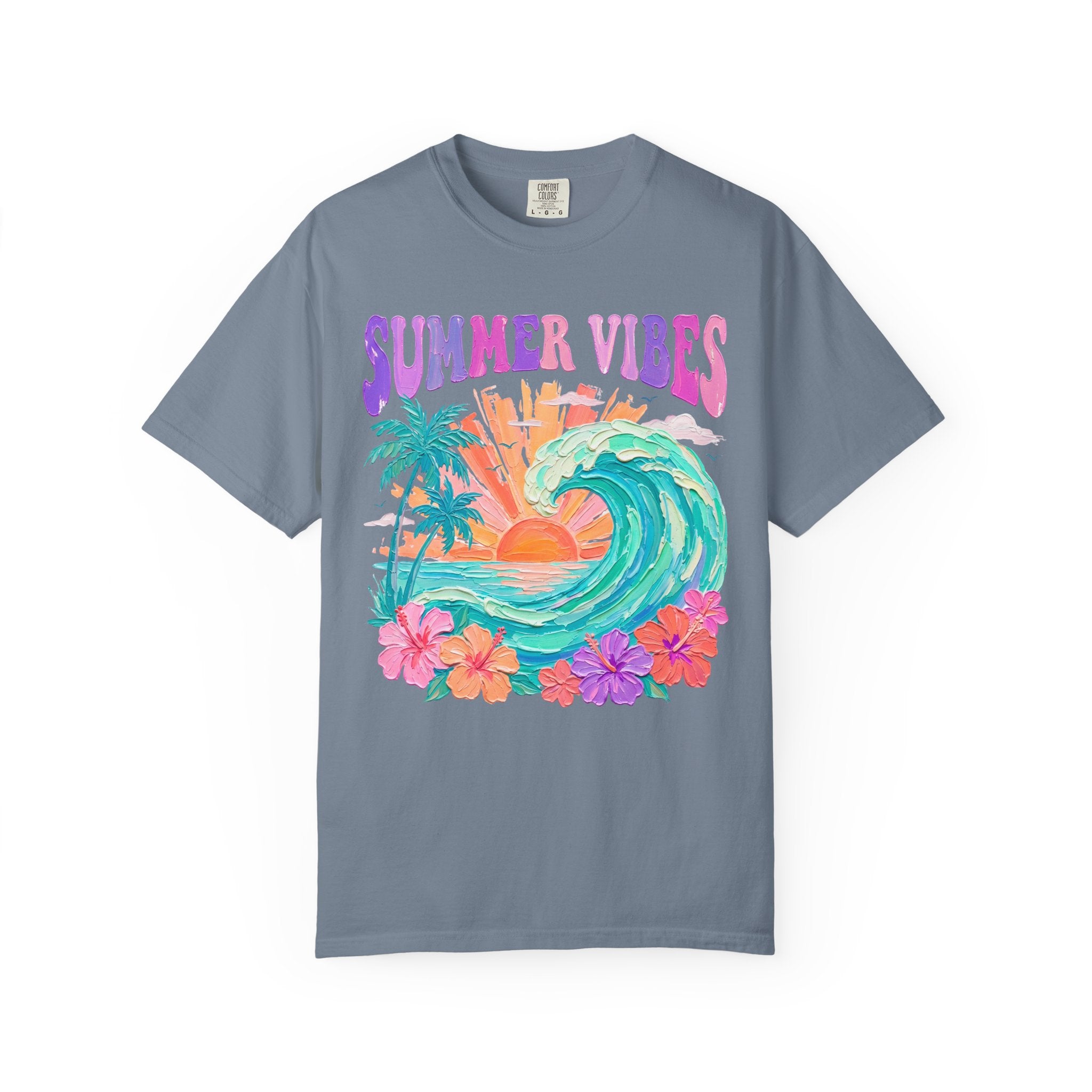 Summer Vibes Wave T-Shirt | Tropical Palm Sunset Hibiscus Beach lover tee