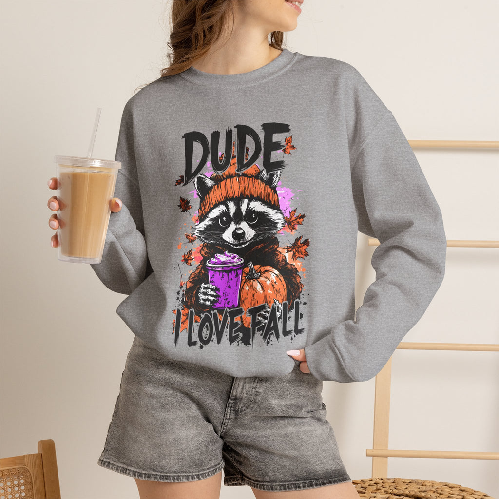 Fall Raccoon Sweatshirt - "Dude I Love Fall" Cozy Autumn GIldan sweatshirt