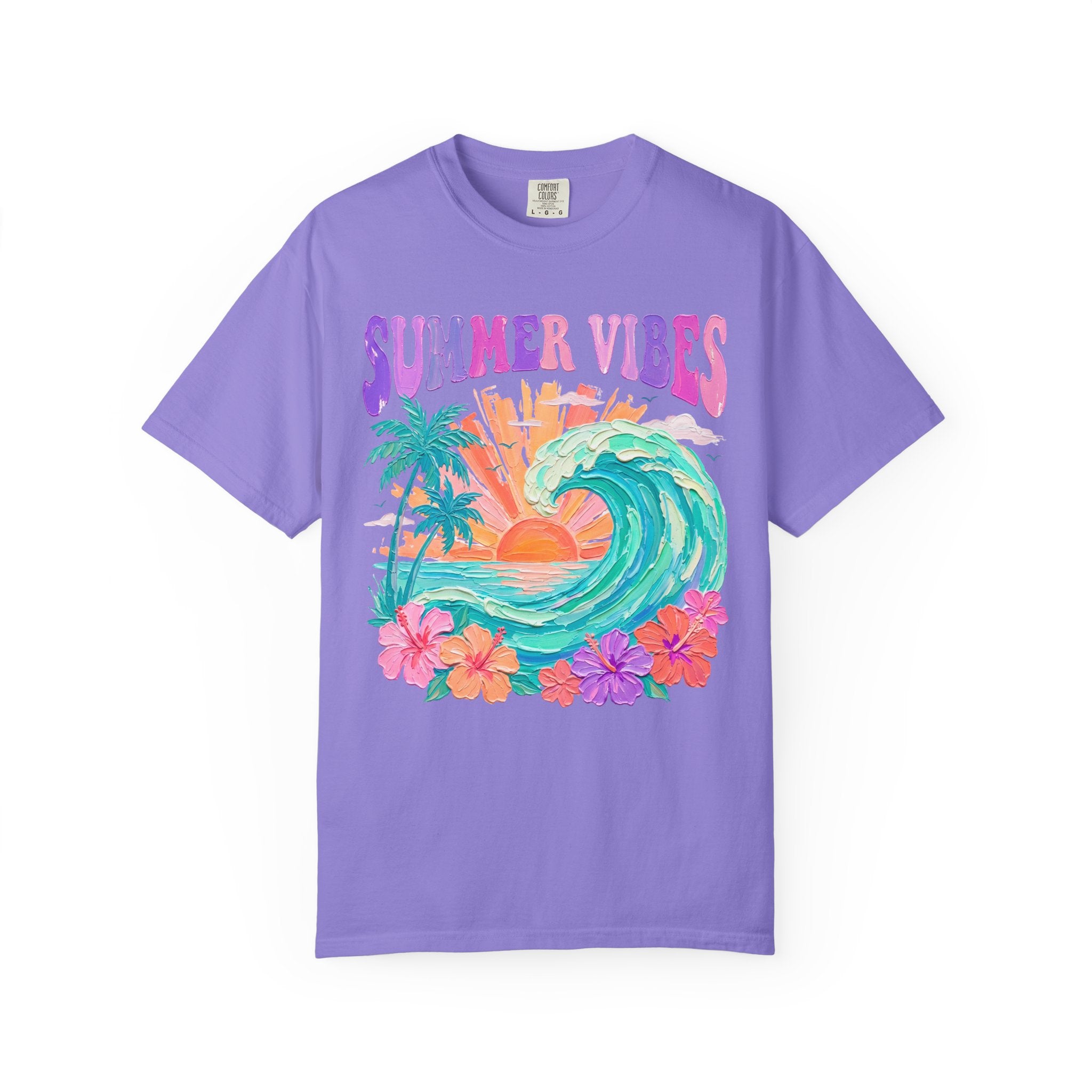 Summer Vibes Wave T-Shirt | Tropical Palm Sunset Hibiscus Beach lover tee