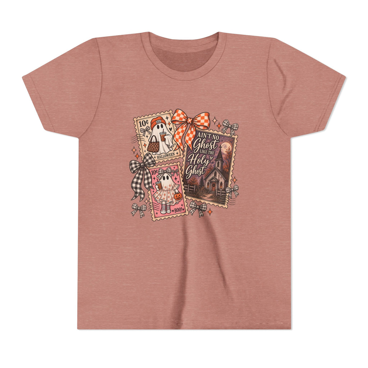 Youth Halloween Postage Stamp Tee — "Ain't No Ghosts Like Our Ghost" Retro Spooky Kids Shirt