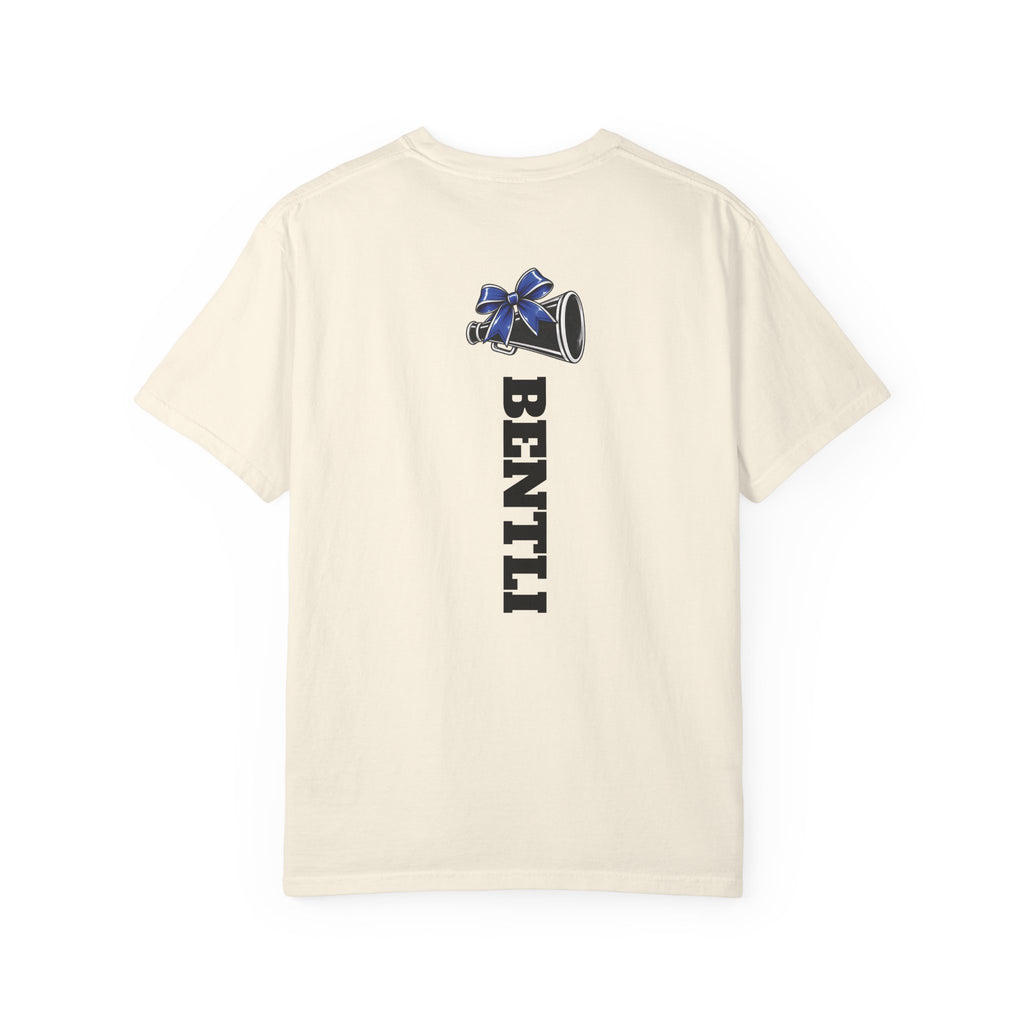 Mom Cheer support T-Shirt — "MOM" with Blue bow & Personalized Back Print