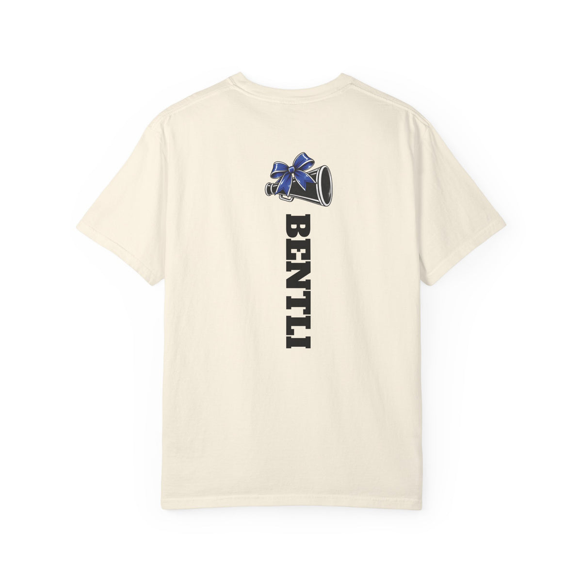 Mom Cheer support T-Shirt — "MOM" with Blue bow & Personalized Back Print
