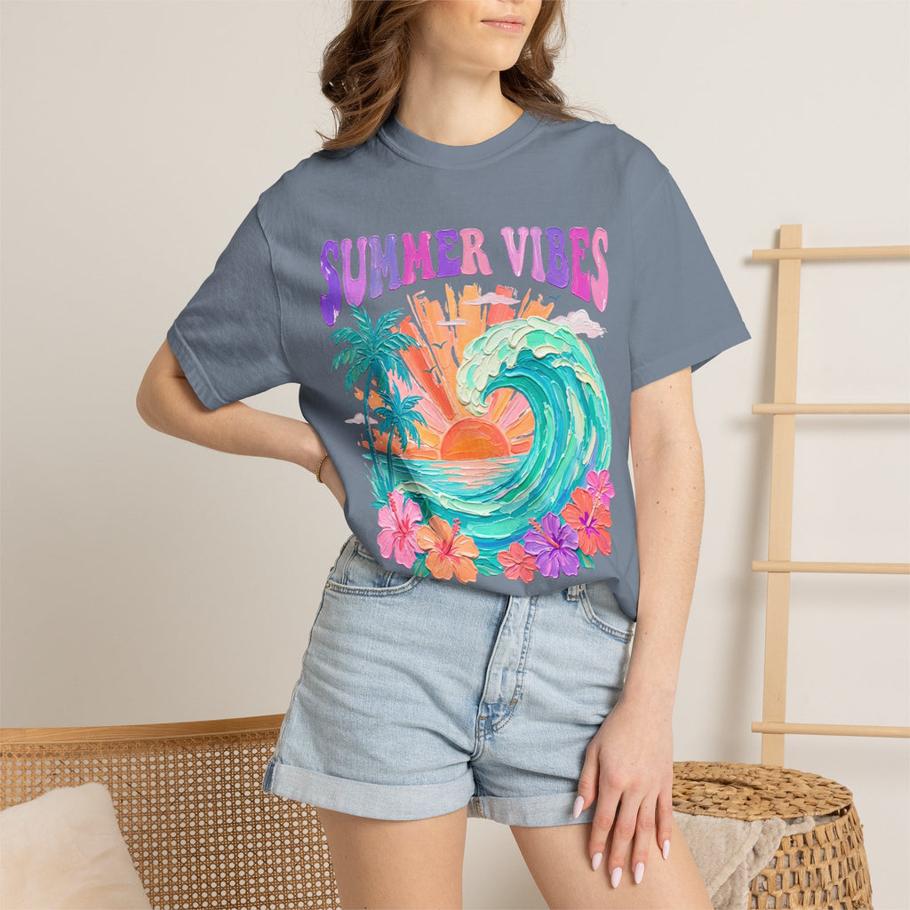 Summer Vibes Wave T-Shirt | Tropical Palm Sunset Hibiscus Beach lover tee