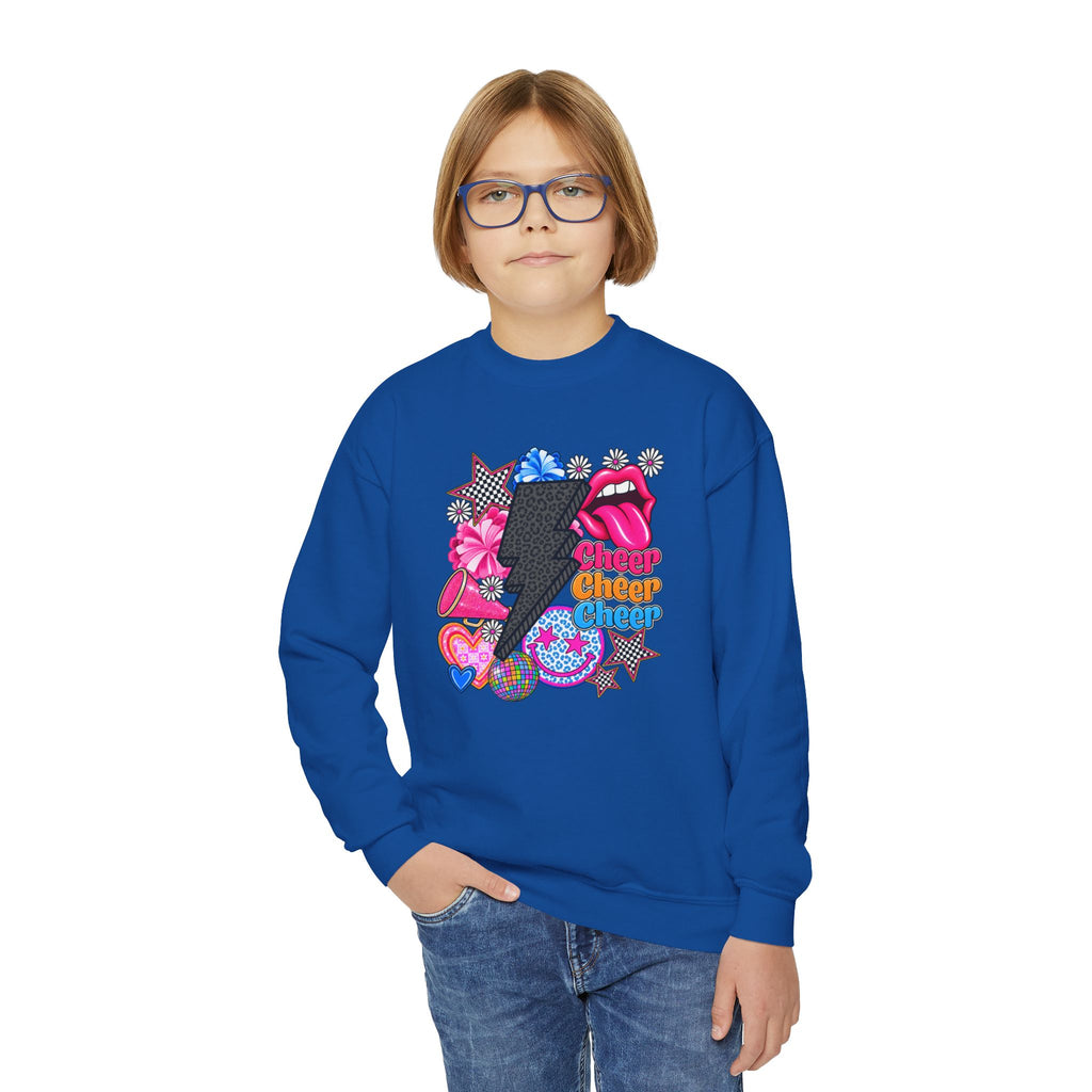 Youth Crewneck Sweatshirt - Retro Glam Lightning Bolt Graphic with 'Queen' Pop Art