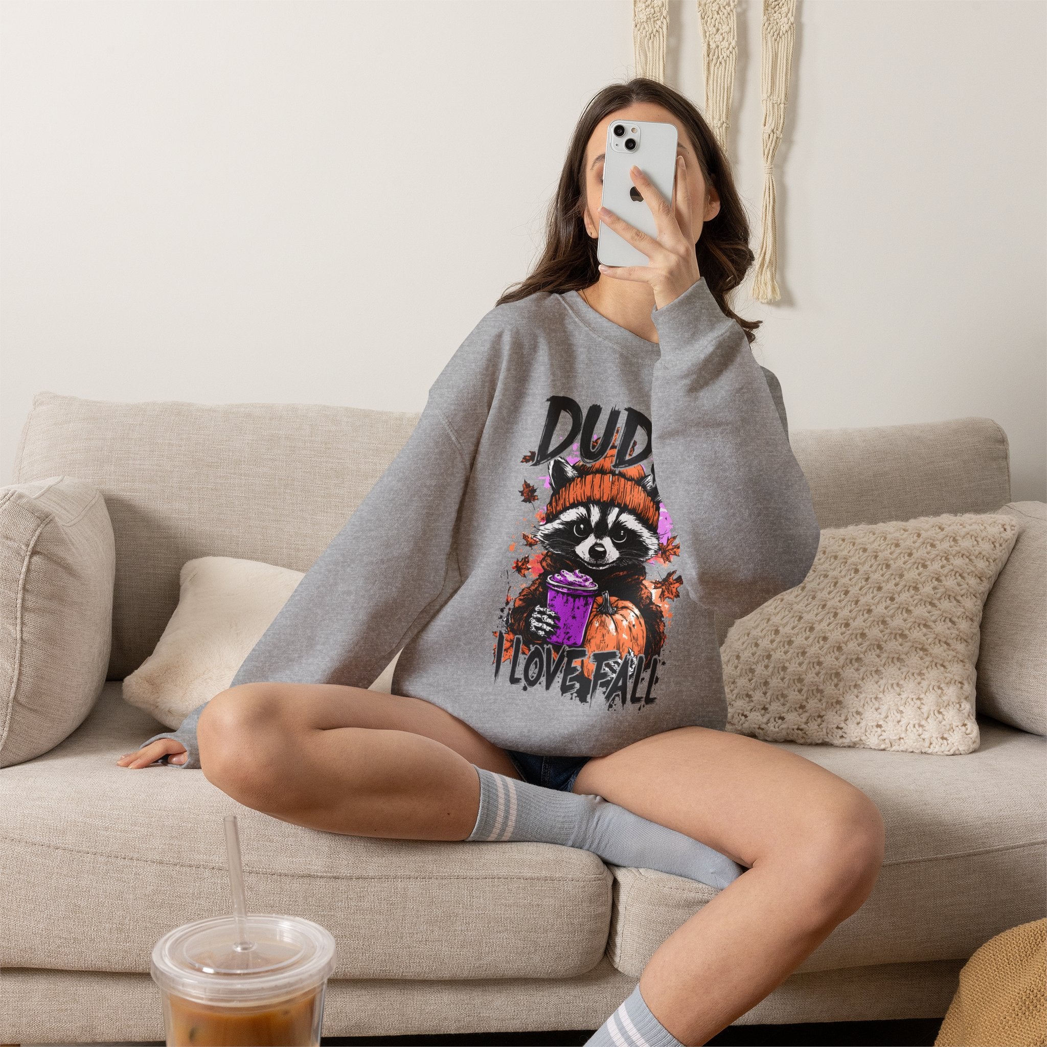 Fall Raccoon Sweatshirt - "Dude I Love Fall" Cozy Autumn GIldan sweatshirt