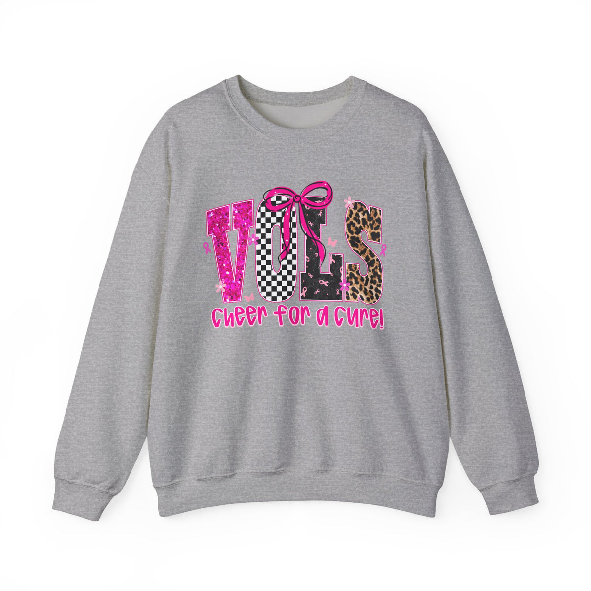 Crewneck Sweatshirt - VOLS Cheer For A Cure Pink Ribbon Leopard & Glitter Design