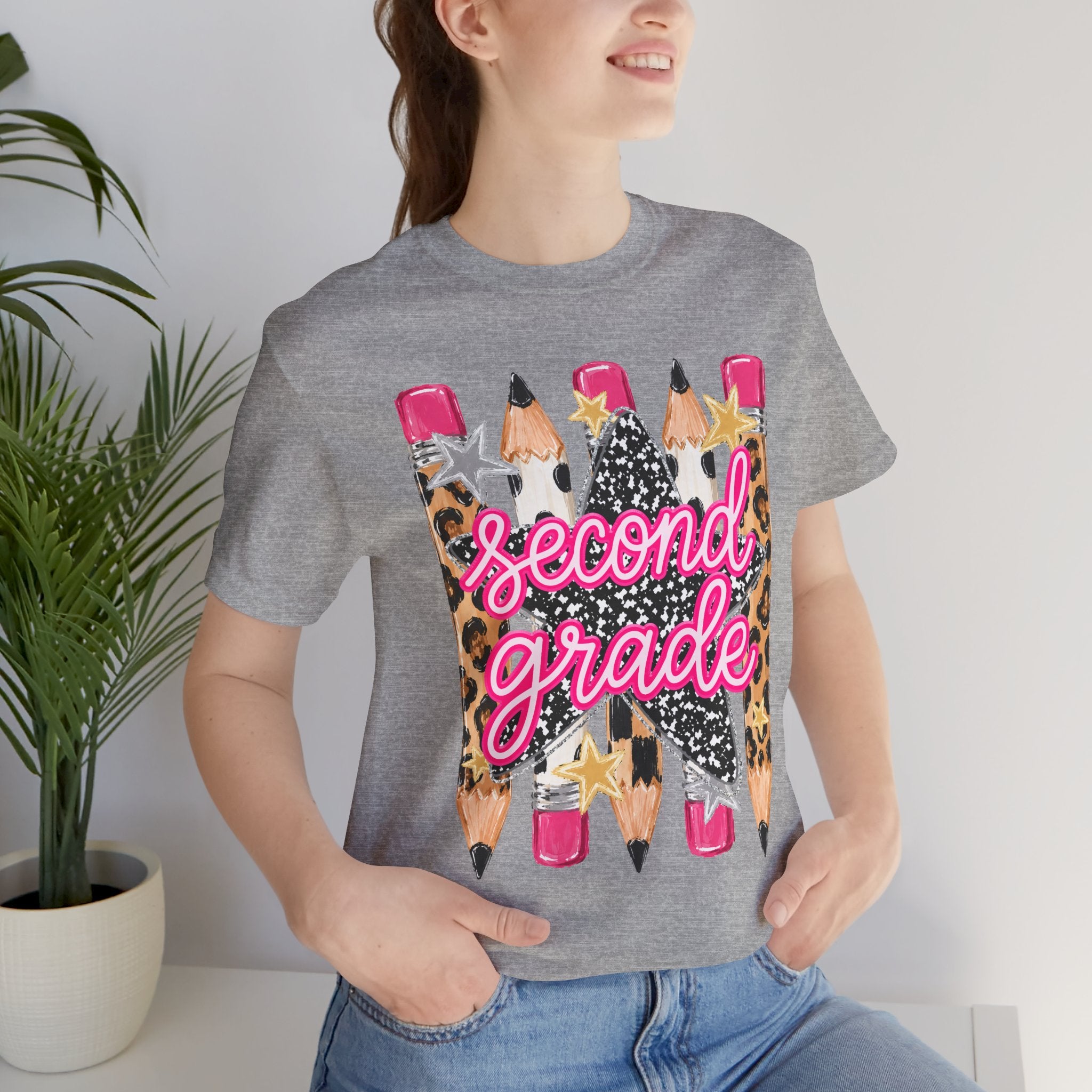 Second Grade Pencil Leopard Print T-Shirt — Back to School Teacher & Student Tee