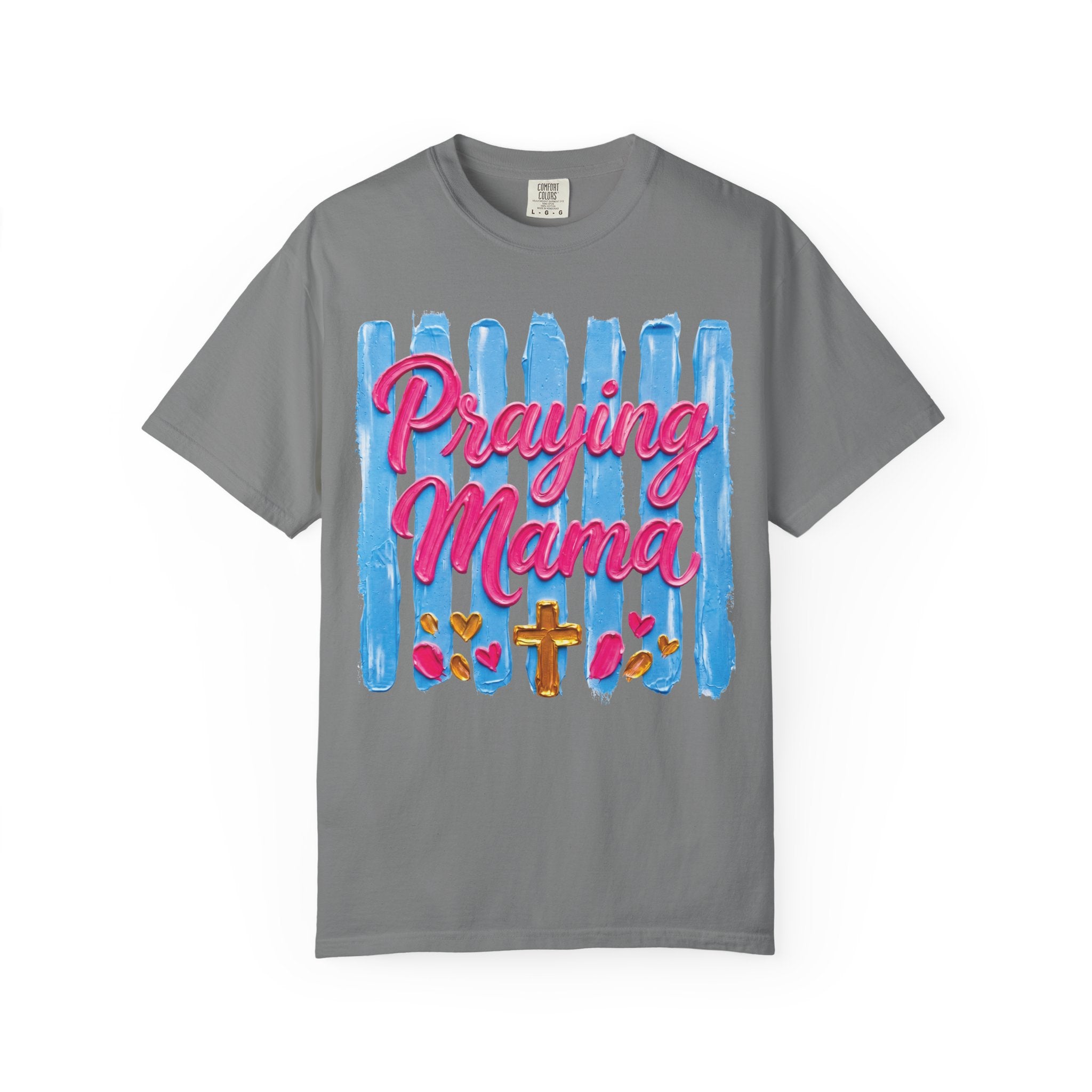 Praying Mama T-shirt | Christian Cross, Hearts, Blue Brushstroke