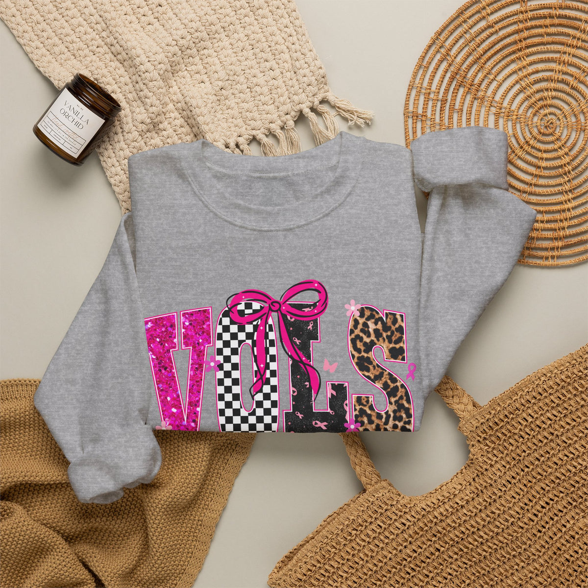 Crewneck Sweatshirt - VOLS Cheer For A Cure Pink Ribbon Leopard & Glitter Design
