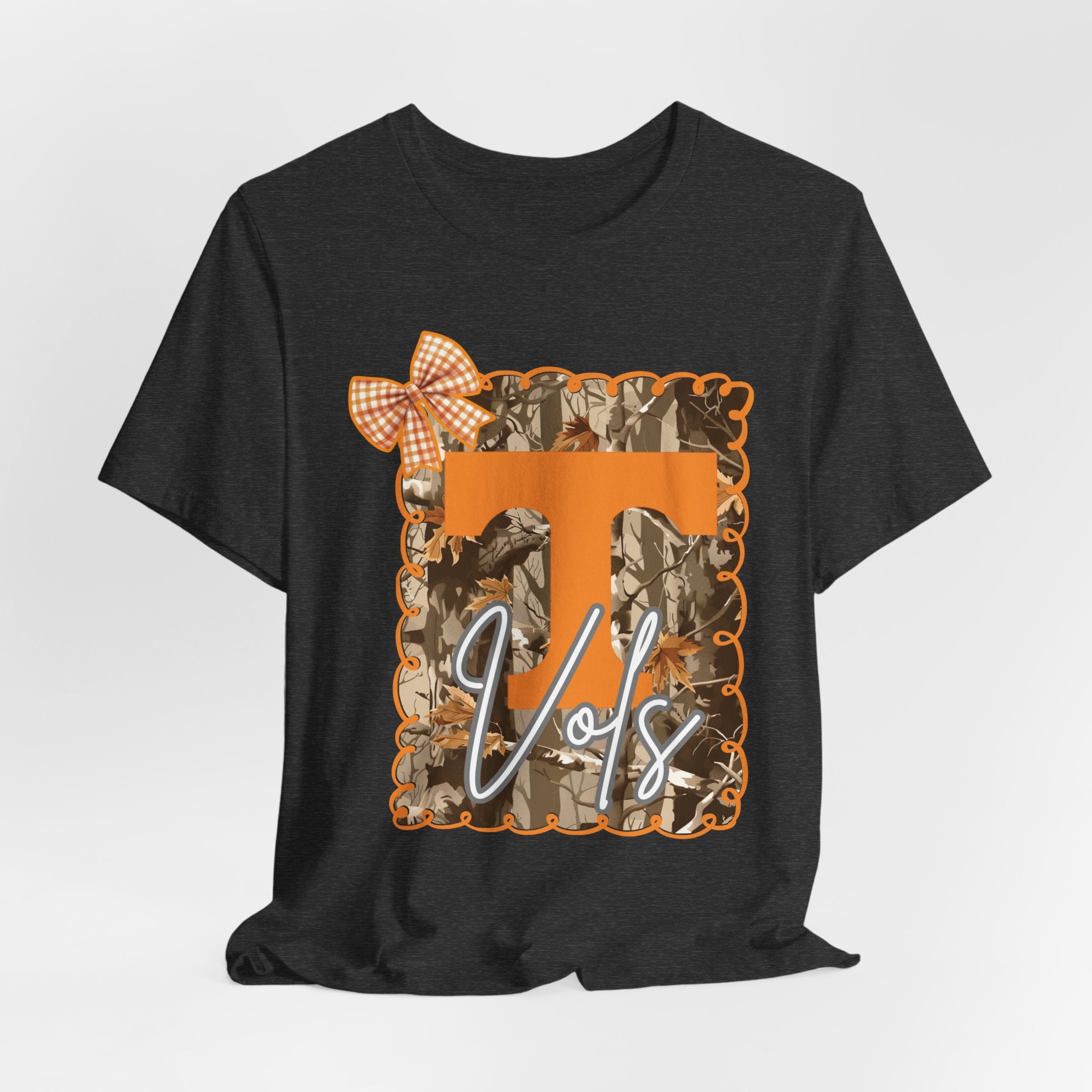 Vols T-Shirt | Orange T monogram, camo frame, gingham bow TN Vols football gift