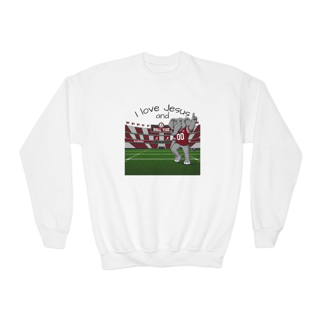 Youth Crewneck Sweatshirt - 'I Love Jesus and roll tide Football' Stadium Graphic Alabama