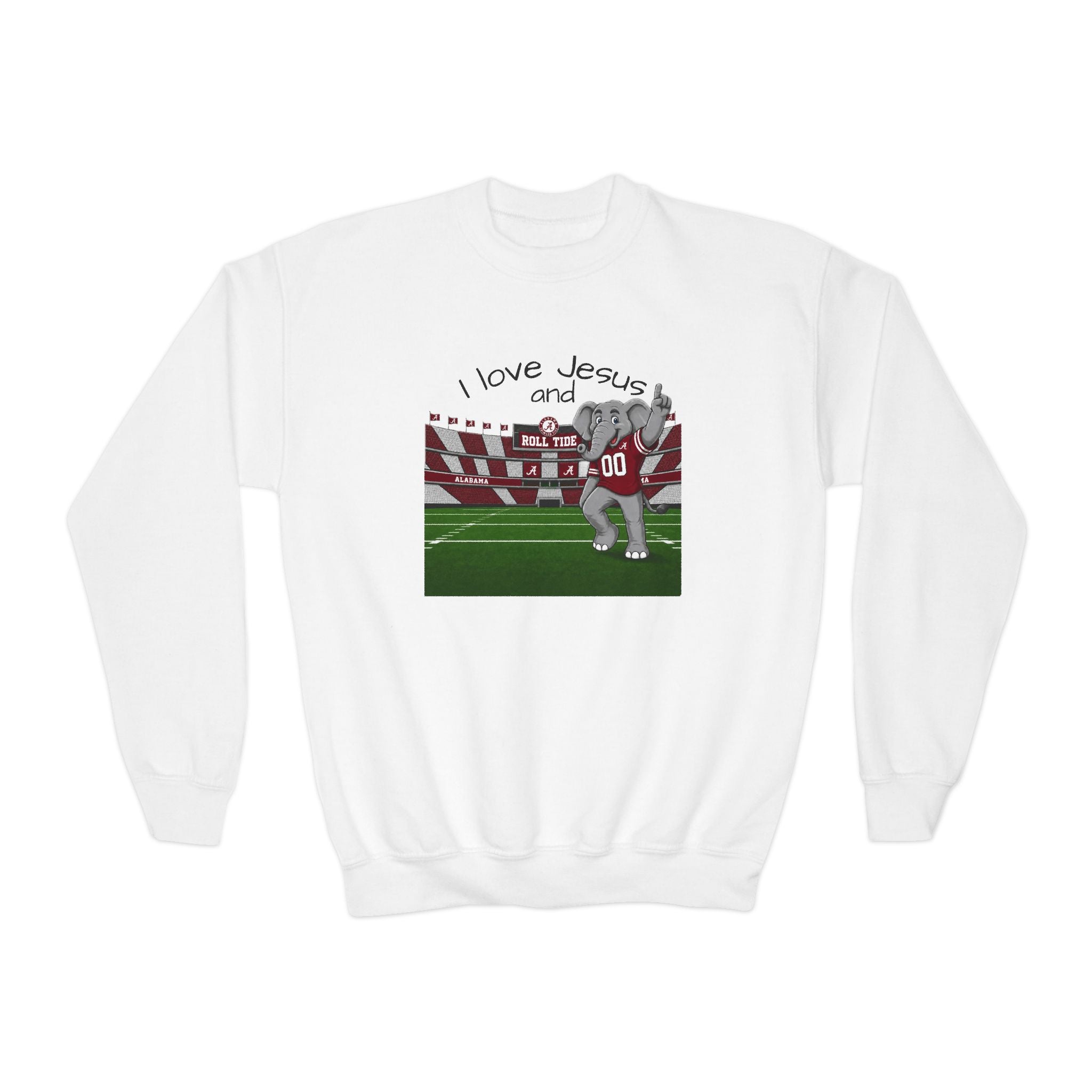 Youth Crewneck Sweatshirt - 'I Love Jesus and roll tide Football' Stadium Graphic Alabama