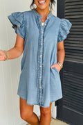 Myosotis Frilled Detail Button Down Ruffle Short Sleeve Denim Mini Dress
