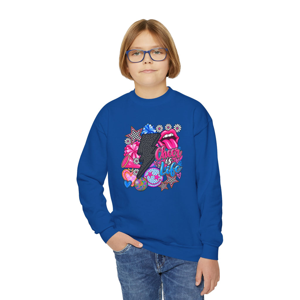 Youth Crewneck Sweatshirt — Sparkly Lip & Emoji cheer is life Graphic Pullover