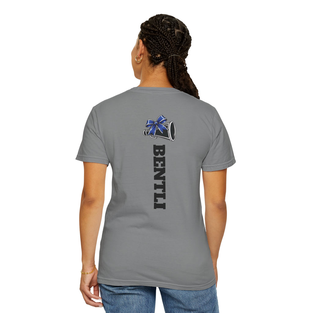 Mom Cheer support T-Shirt — "MOM" with Blue bow & Personalized Back Print