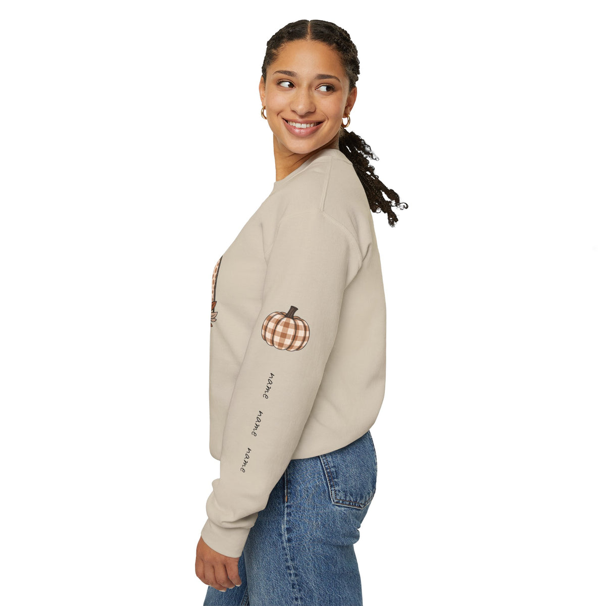 Mama Pumpkin Personalized sleeve with names Fall Crewneck Sweatshirt