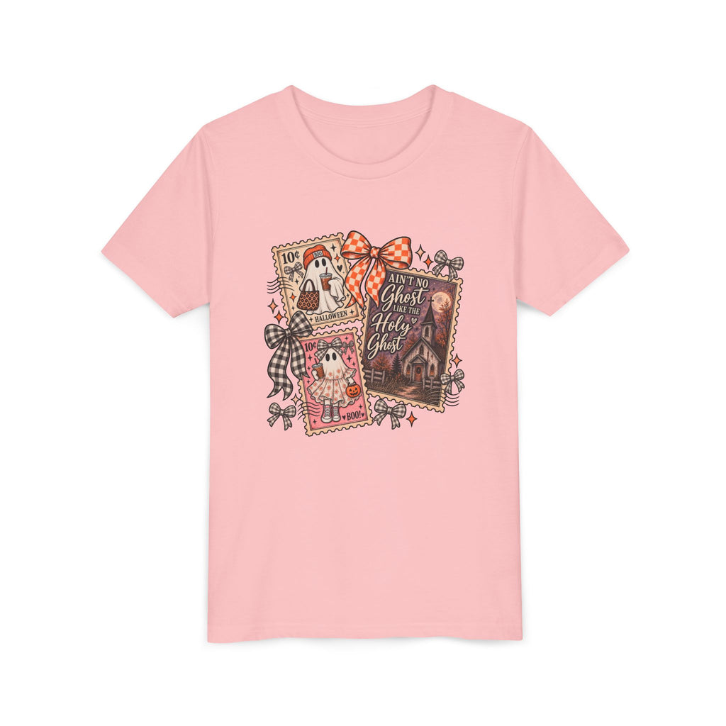 Youth Halloween Postage Stamp Tee — "Ain't No Ghosts Like Our Ghost" Retro Spooky Kids Shirt