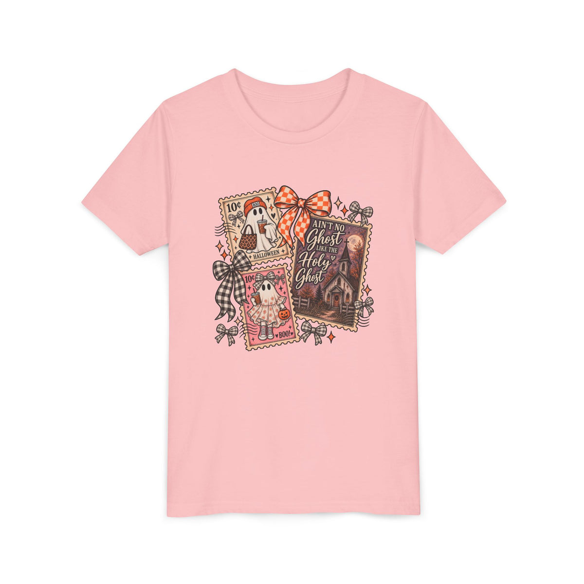 Youth Halloween Postage Stamp Tee — "Ain't No Ghosts Like Our Ghost" Retro Spooky Kids Shirt