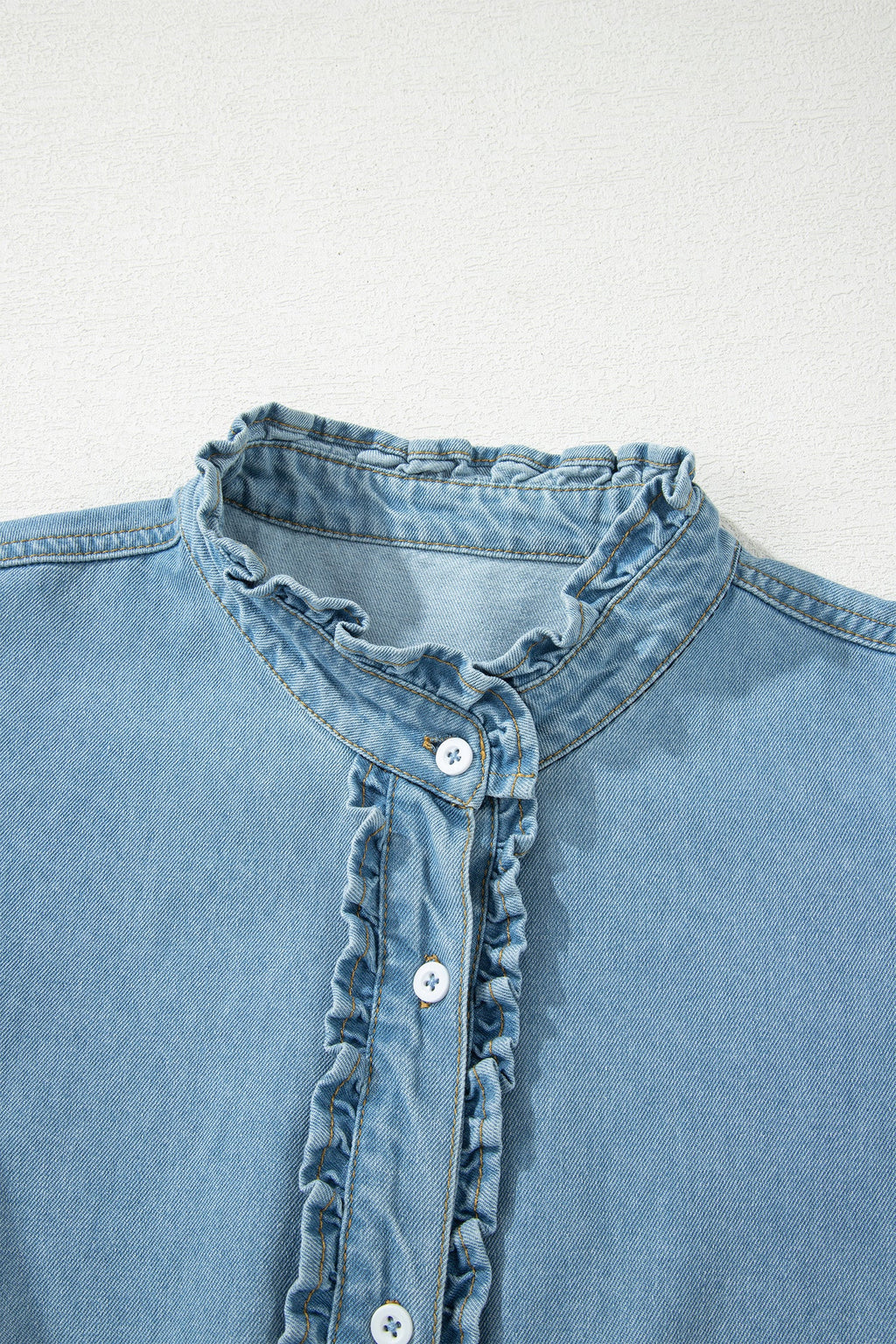 Myosotis Frilled Detail Button Down Ruffle Short Sleeve Denim Mini Dress