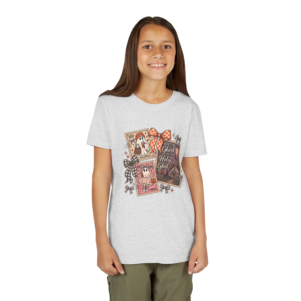 Youth Halloween Postage Stamp Tee — "Ain't No Ghosts Like Our Ghost" Retro Spooky Kids Shirt