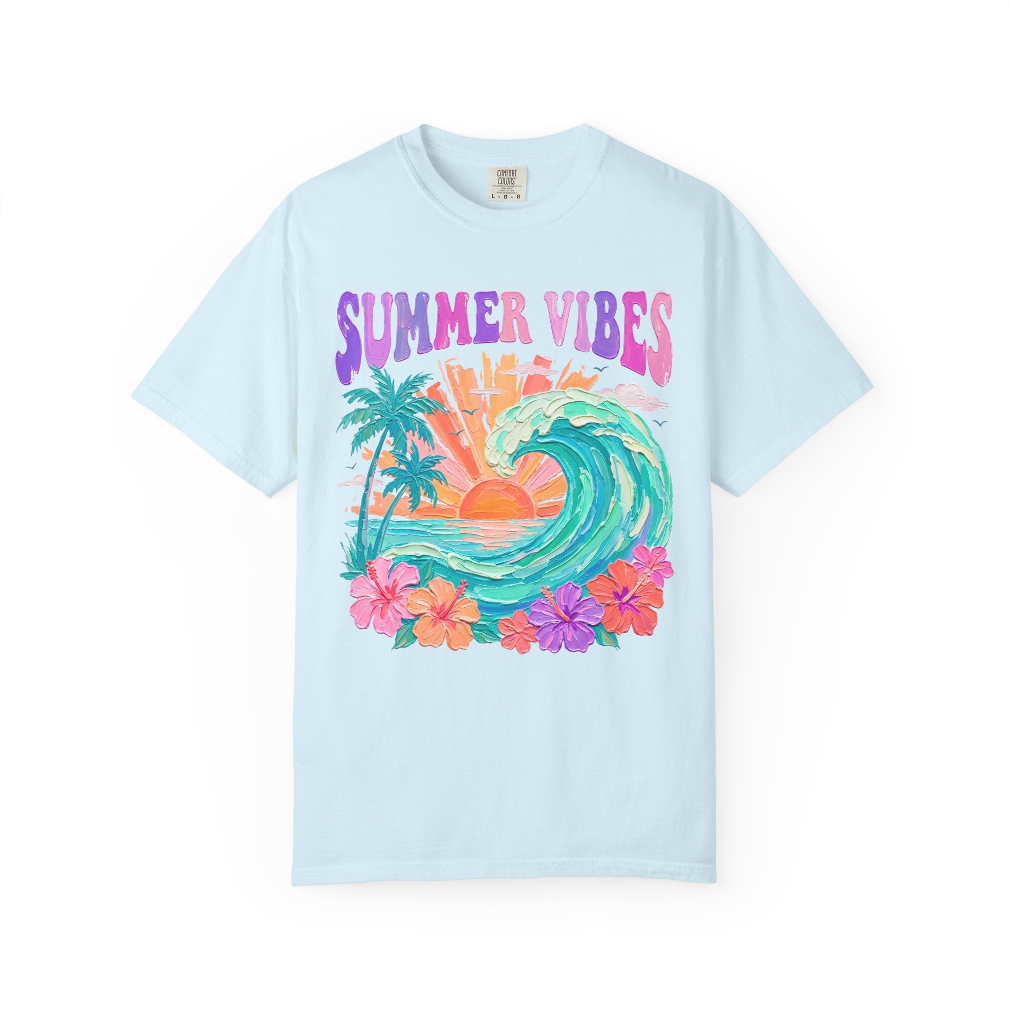 Summer Vibes Wave T-Shirt | Tropical Palm Sunset Hibiscus Beach lover tee