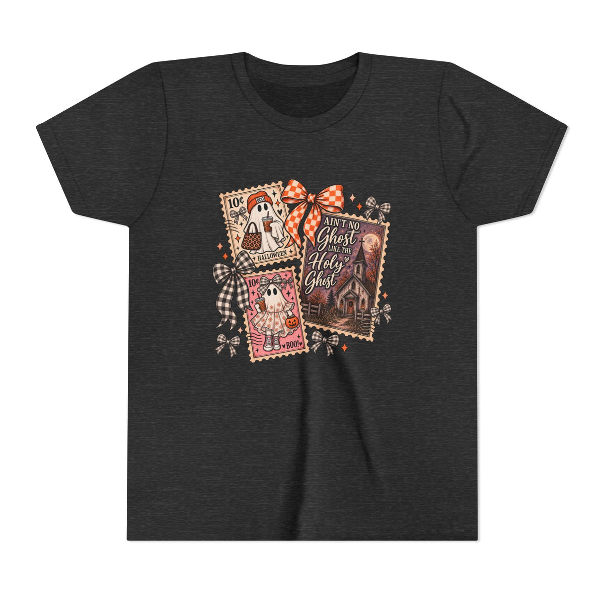 Youth Halloween Postage Stamp Tee — "Ain't No Ghosts Like Our Ghost" Retro Spooky Kids Shirt
