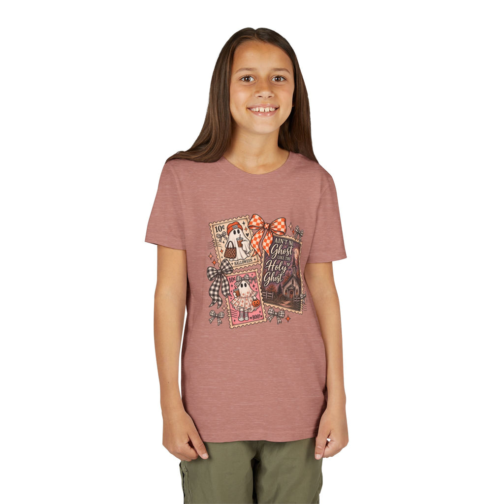 Youth Halloween Postage Stamp Tee — "Ain't No Ghosts Like Our Ghost" Retro Spooky Kids Shirt