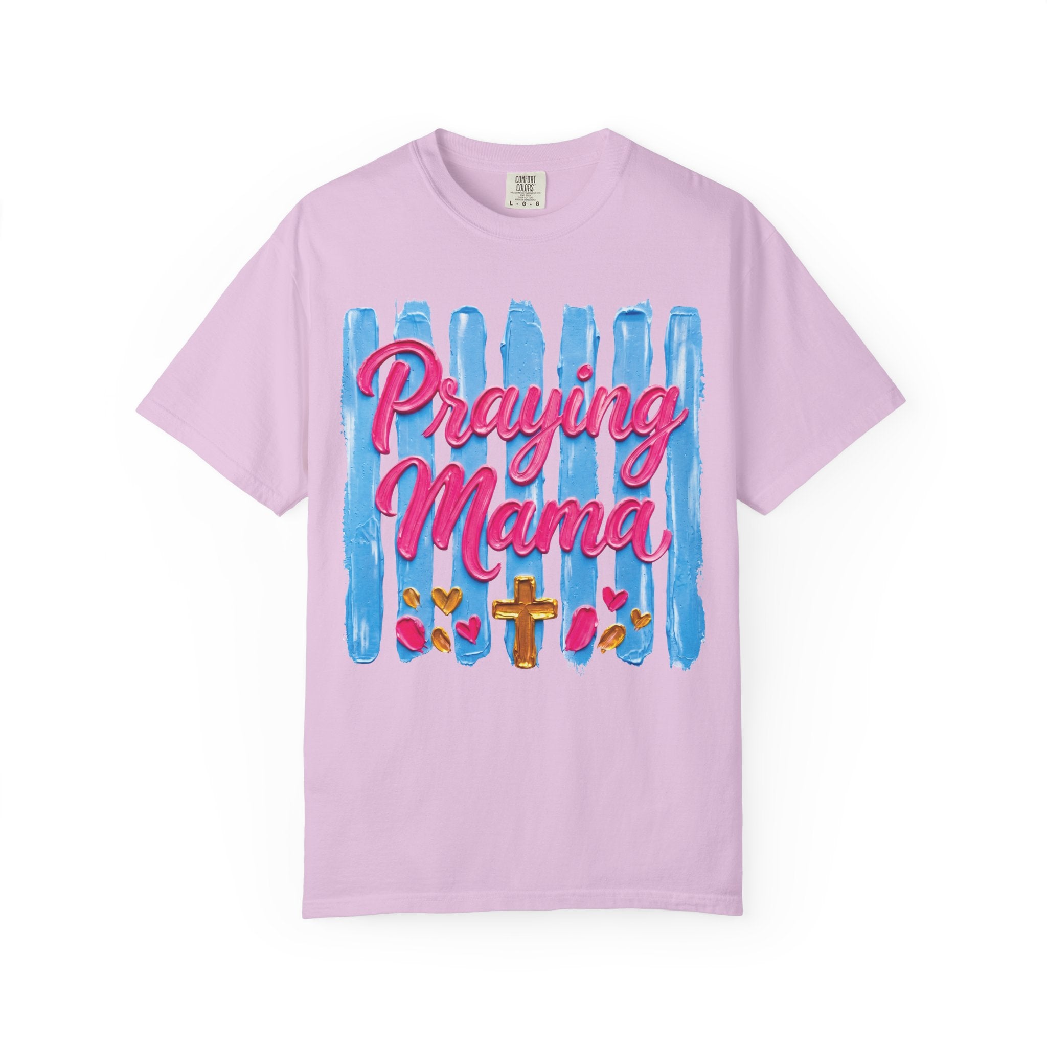 Praying Mama T-shirt | Christian Cross, Hearts, Blue Brushstroke