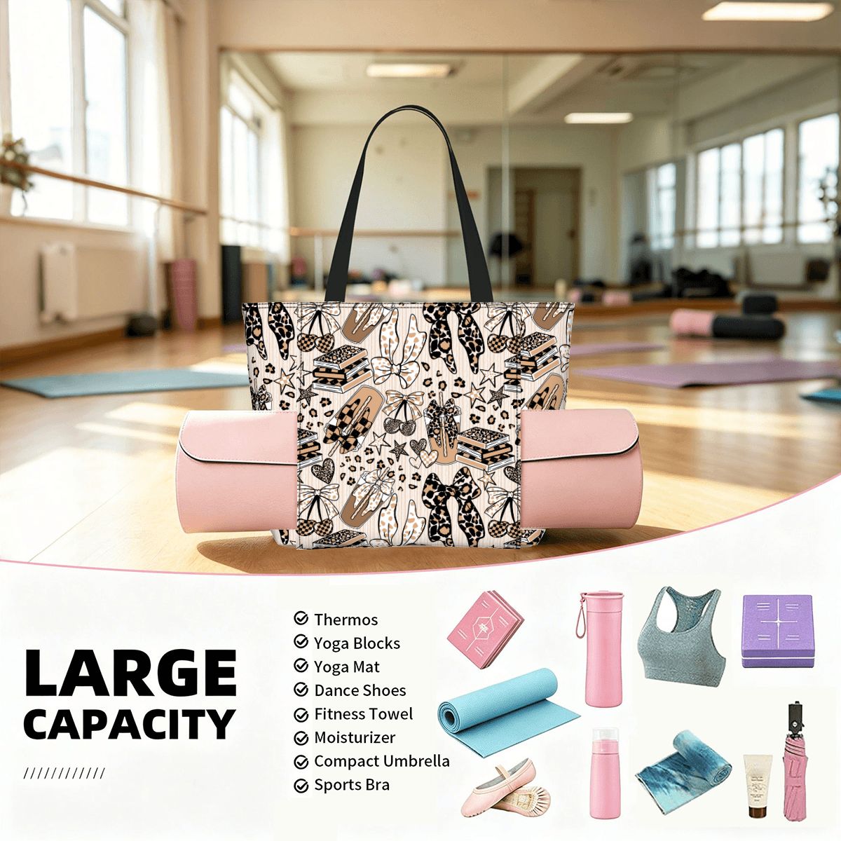 Yoga Bag with Yoga Mat Carrier Cheetah Bows Coffee