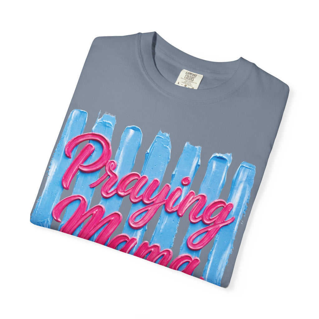 Praying Mama T-shirt | Christian Cross, Hearts, Blue Brushstroke