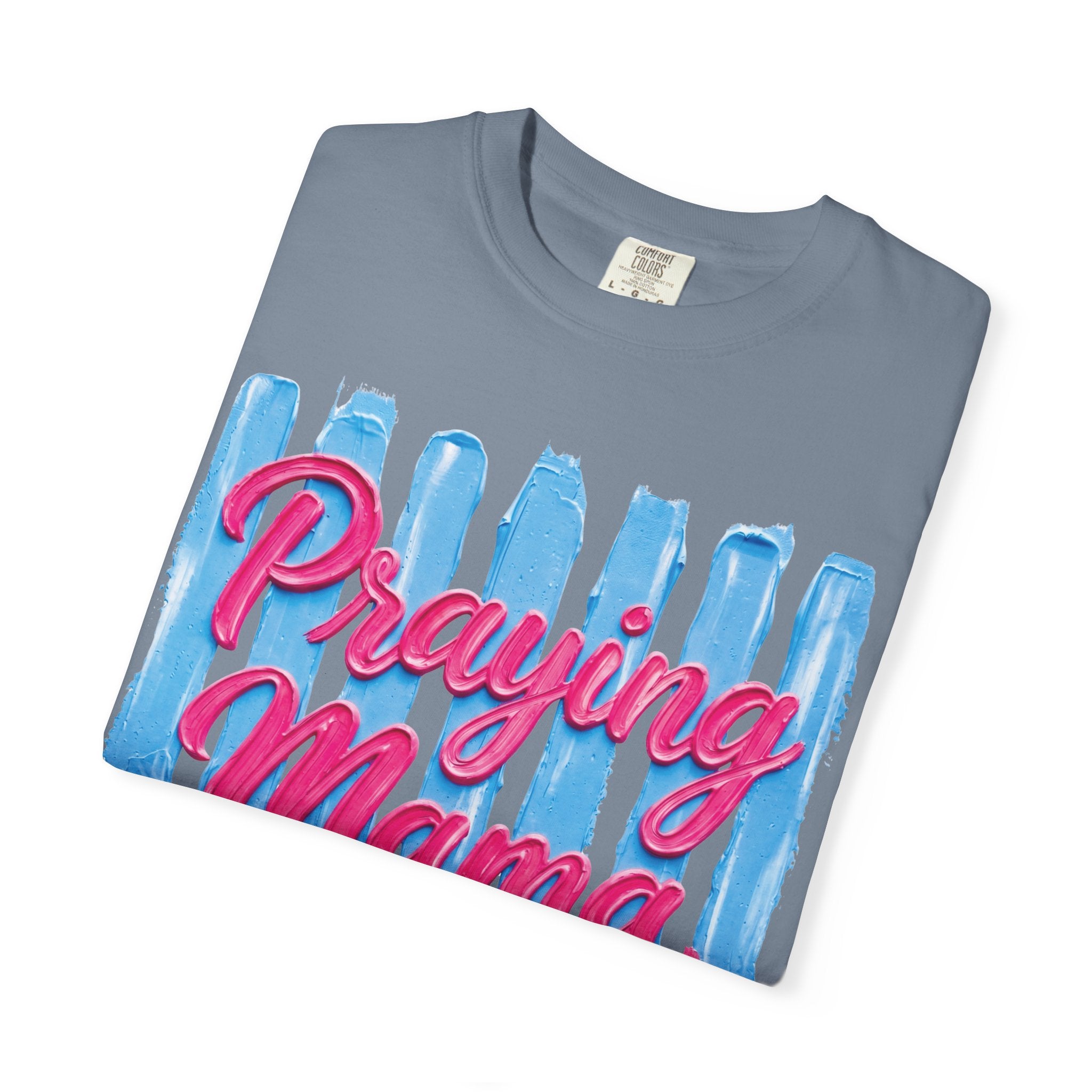 Praying Mama T-shirt | Christian Cross, Hearts, Blue Brushstroke